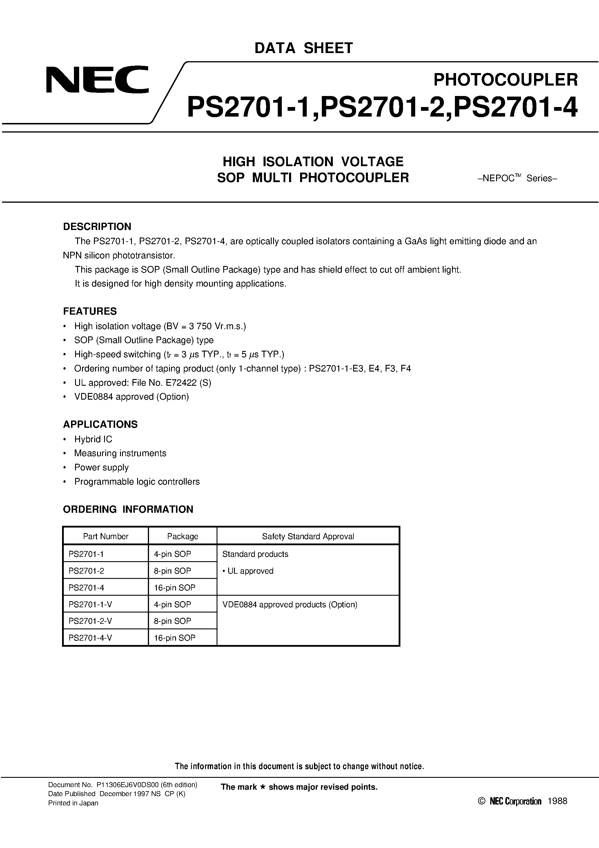 Datasheet PS2701-1-V - HIGH ISOLATION VOLTAGE SOP MULTI PHOTOCOUPLER page 1