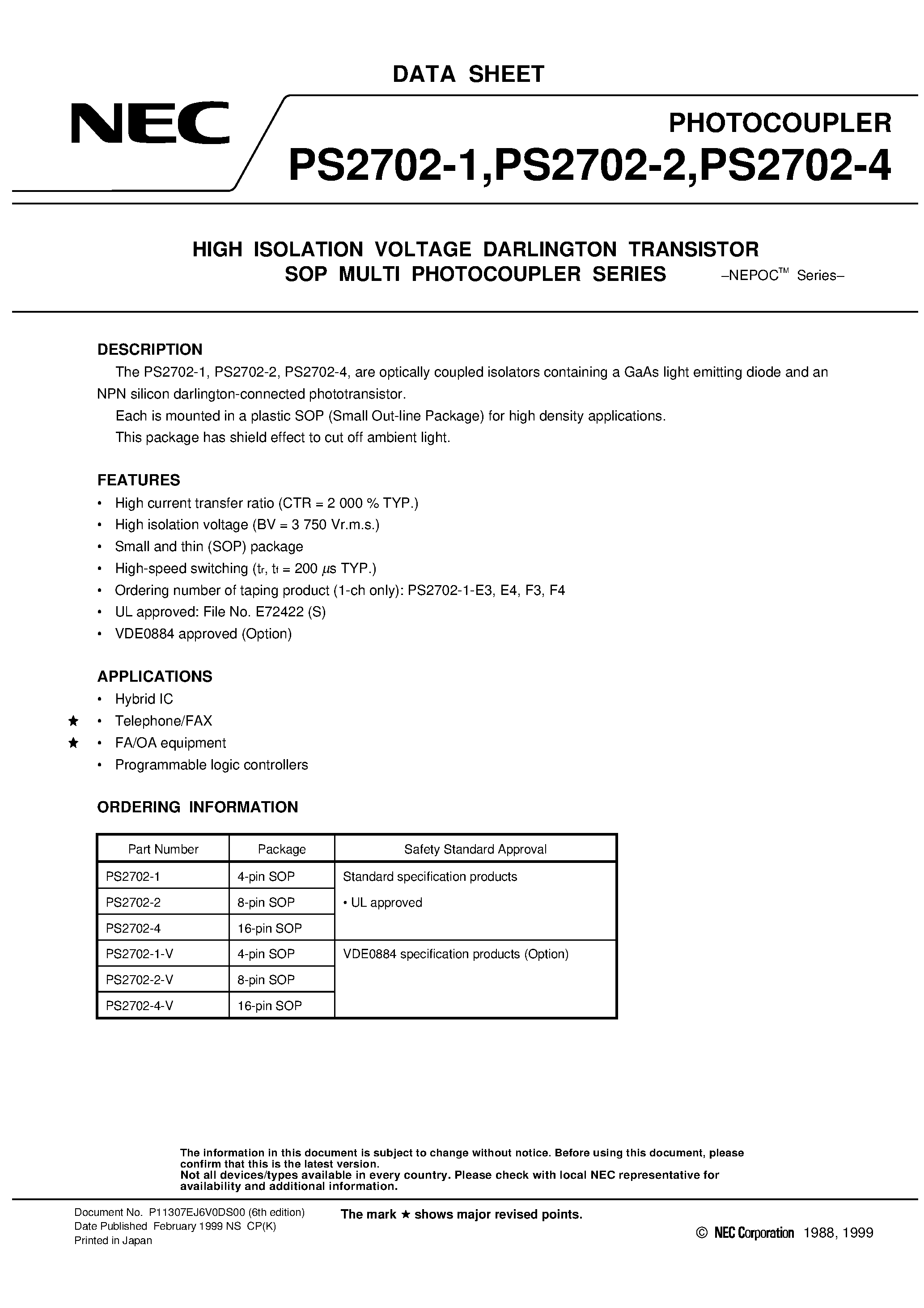 Datasheet PS2702-1-V - HIGH ISOLATION VOLTAGE DARLINGTON TRANSISTOR SOP MULTI PHOTOCOUPLER SERIES page 1