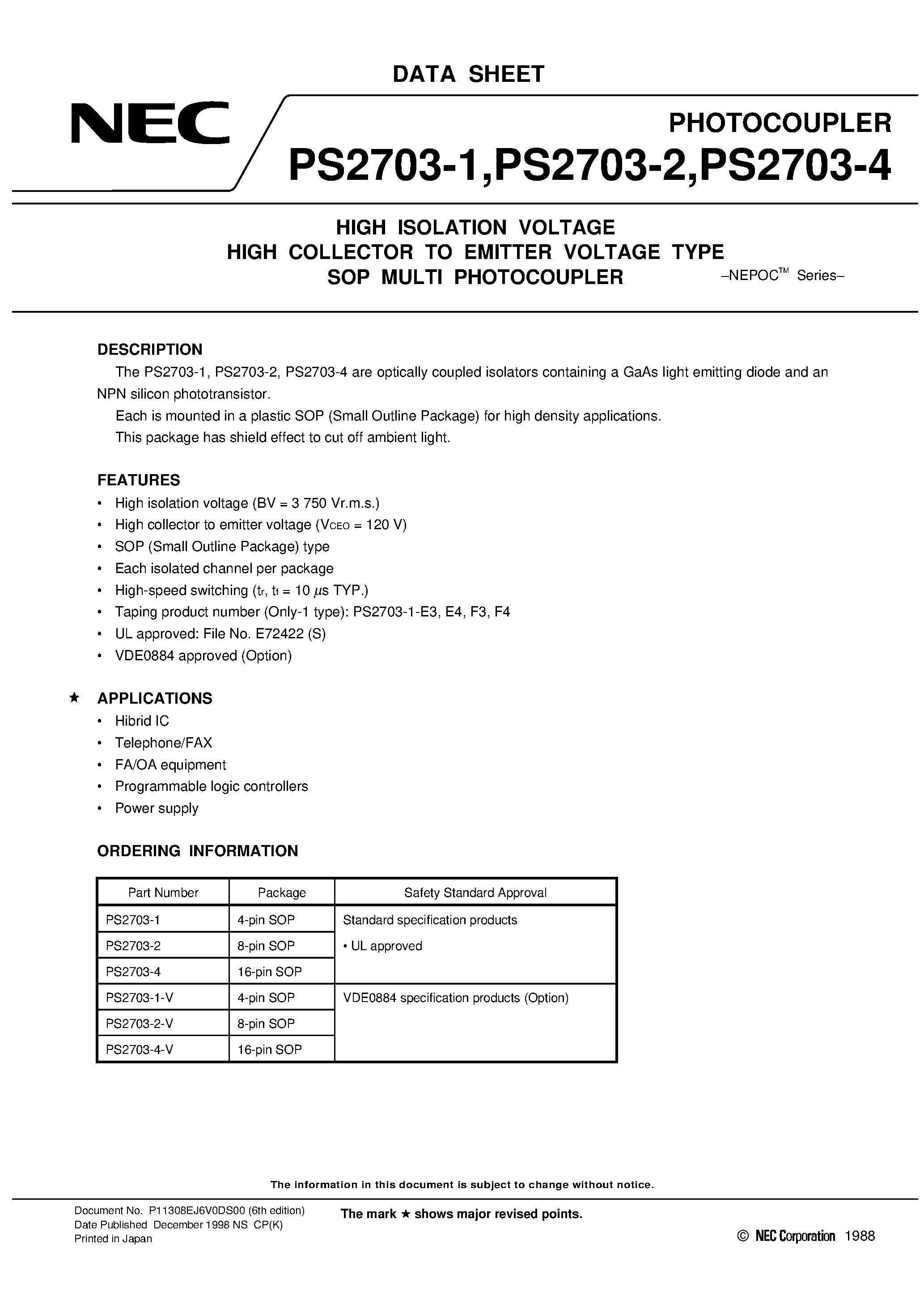 Datasheet PS2703-2-V - HIGH ISOLATION VOLTAGE HIGH COLLECTOR TO EMITTER VOLTAGE TYPE SOP MULTI PHOTOCOUPLER page 1