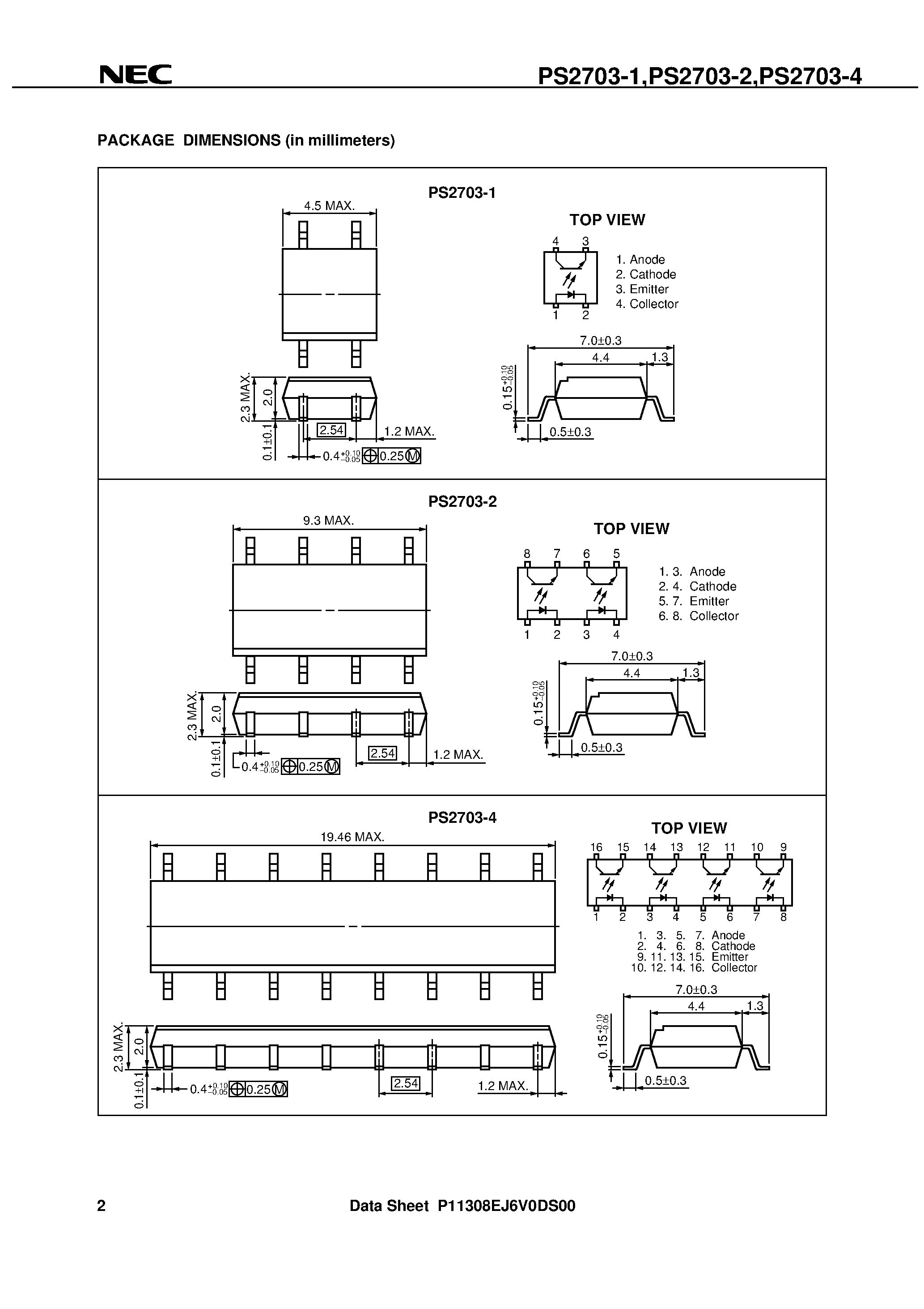 Datasheet PS2703-2-V - HIGH ISOLATION VOLTAGE HIGH COLLECTOR TO EMITTER VOLTAGE TYPE SOP MULTI PHOTOCOUPLER page 2