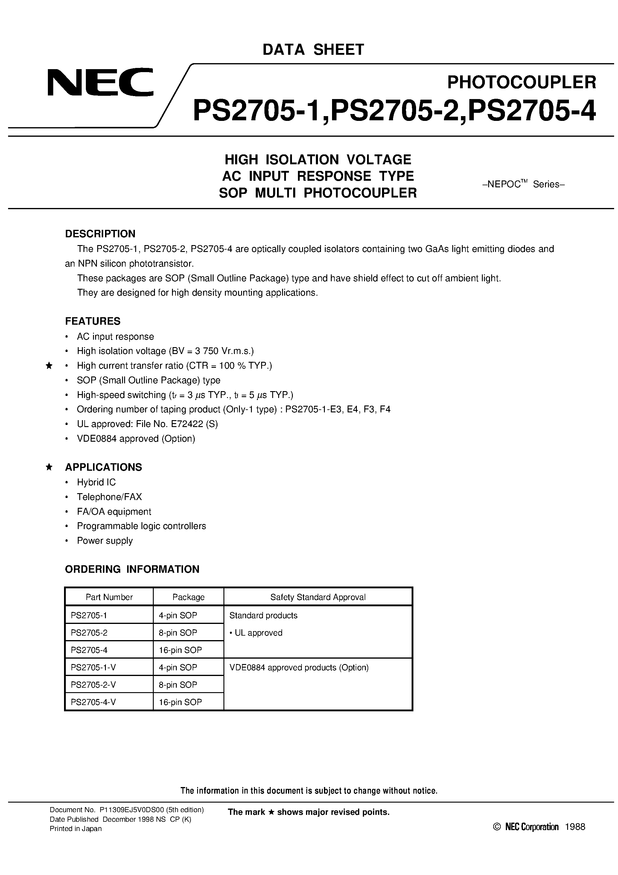 Datasheet PS2705-1-V - HIGH ISOLATION VOLTAGE AC INPUT RESPONSE TYPE SOP MULTI PHOTOCOUPLER page 1