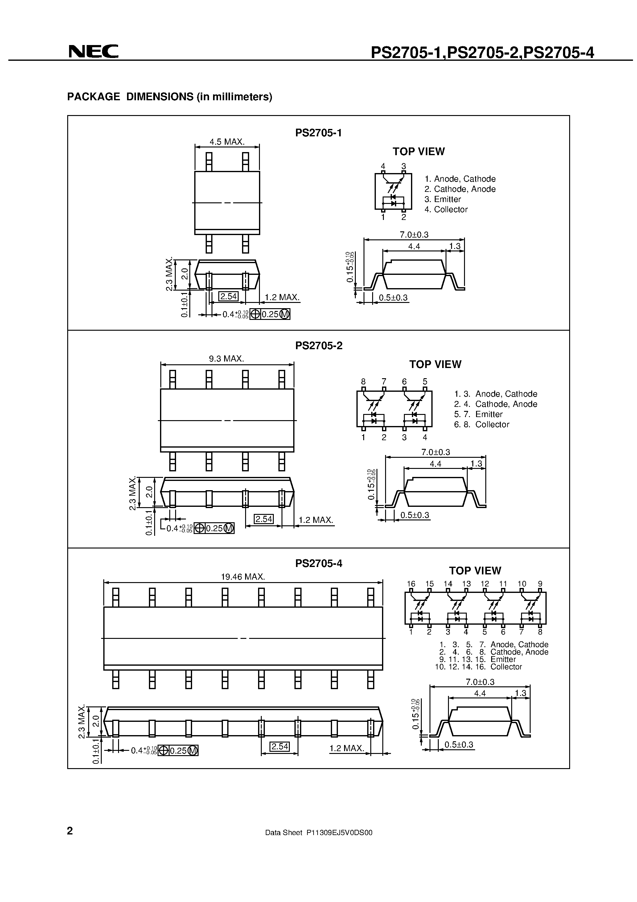 Datasheet PS2705-1-V - HIGH ISOLATION VOLTAGE AC INPUT RESPONSE TYPE SOP MULTI PHOTOCOUPLER page 2