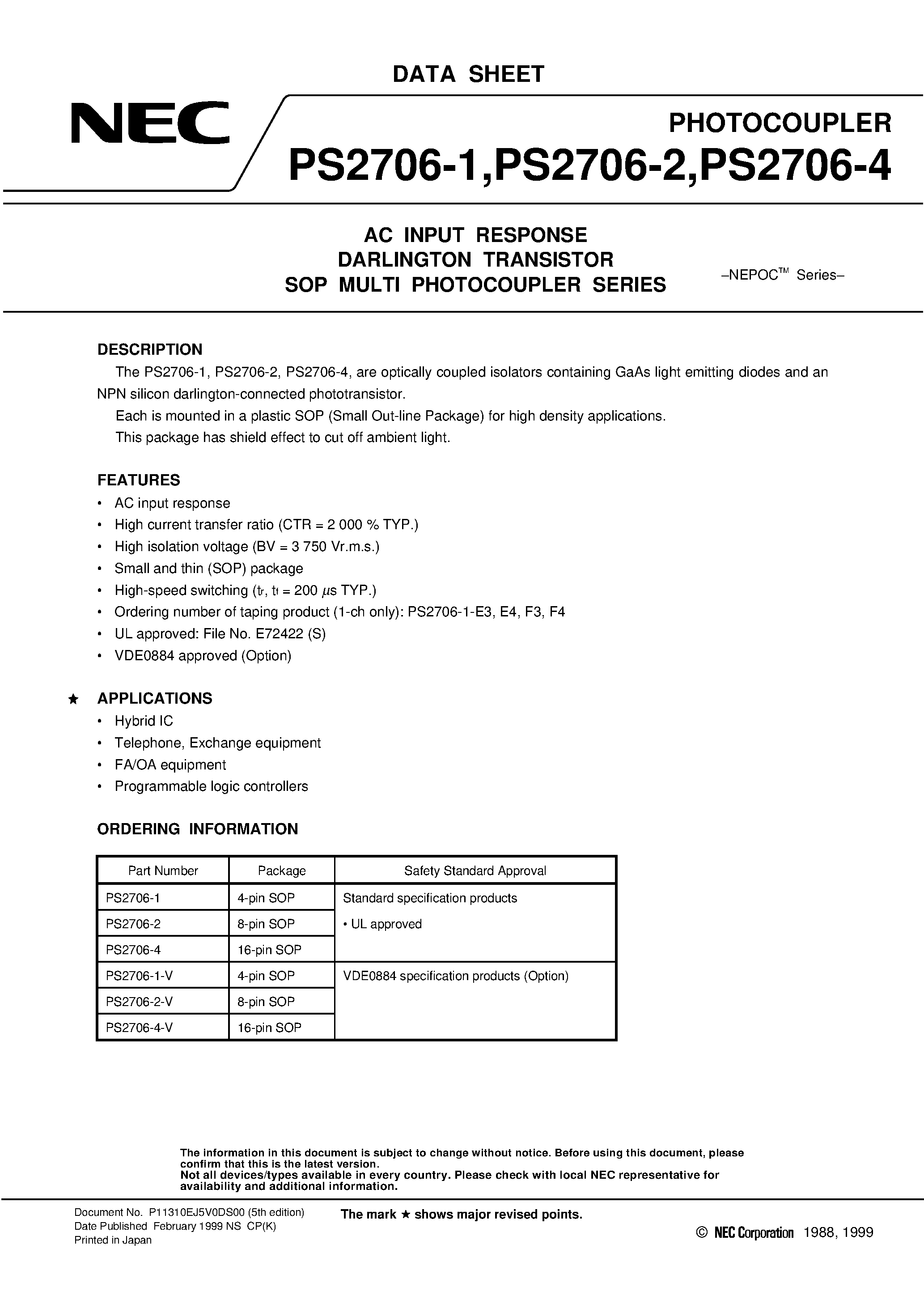 Datasheet PS2706-1-V - AC INPUT RESPONSE DARLINGTON TRANSISTOR SOP MULTI PHOTOCOUPLER SERIES page 1