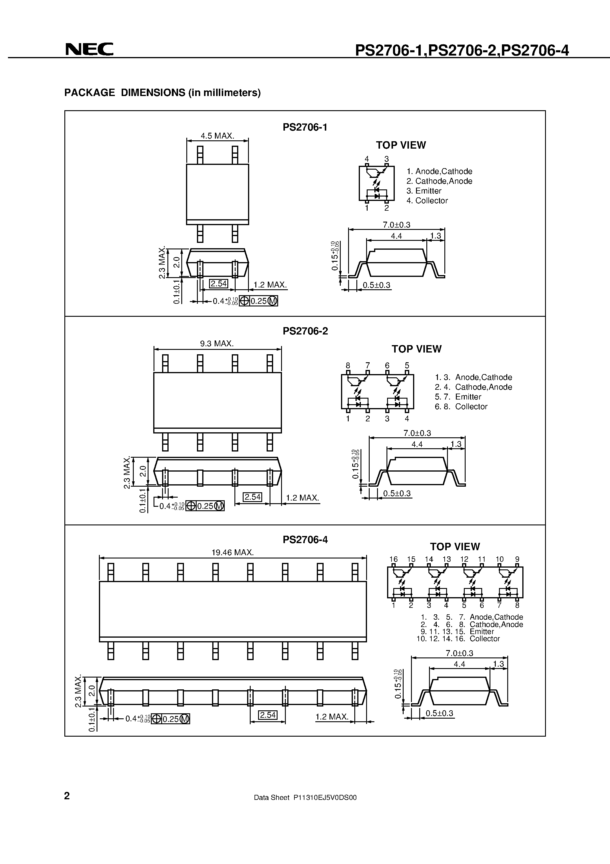 Datasheet PS2706-1-V - AC INPUT RESPONSE DARLINGTON TRANSISTOR SOP MULTI PHOTOCOUPLER SERIES page 2