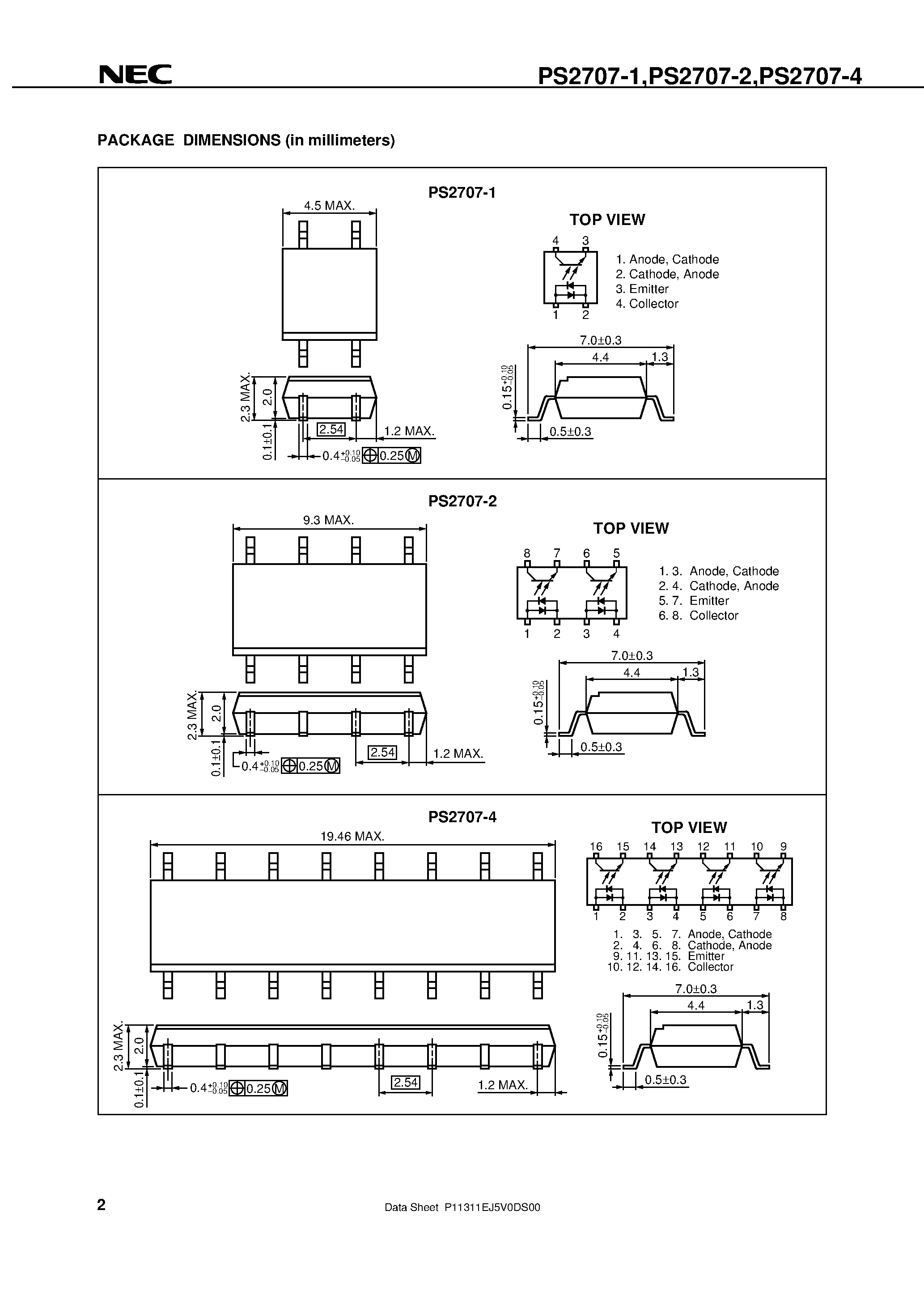 Datasheet PS2707-1-V - AC INPUT RESPONSE HIGH COLLECTOR TO EMITTER VOLTAGE TYPE SOP MULTI PHOTOCOUPLER SERIES page 2