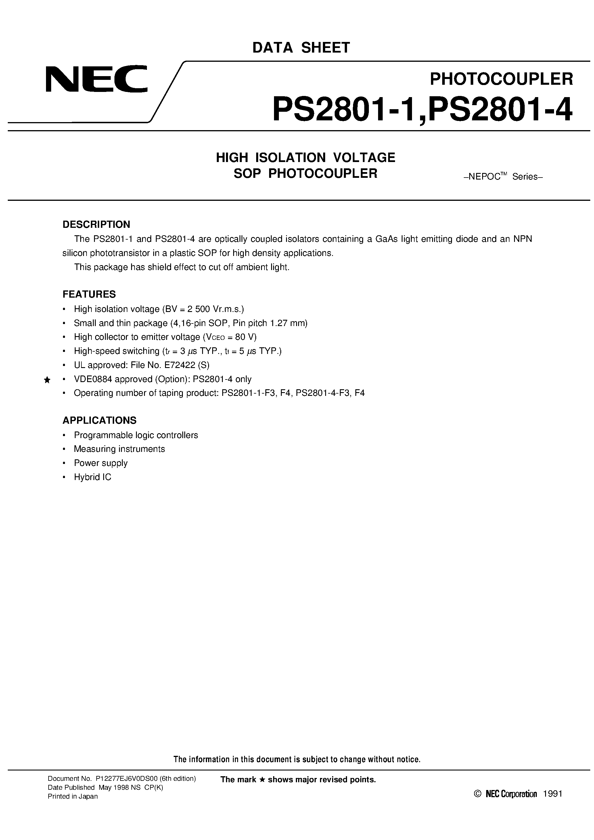 Даташит PS2801-4-F3 - HIGH ISOLATION VOLTAGE SOP PHOTOCOUPLER страница 1