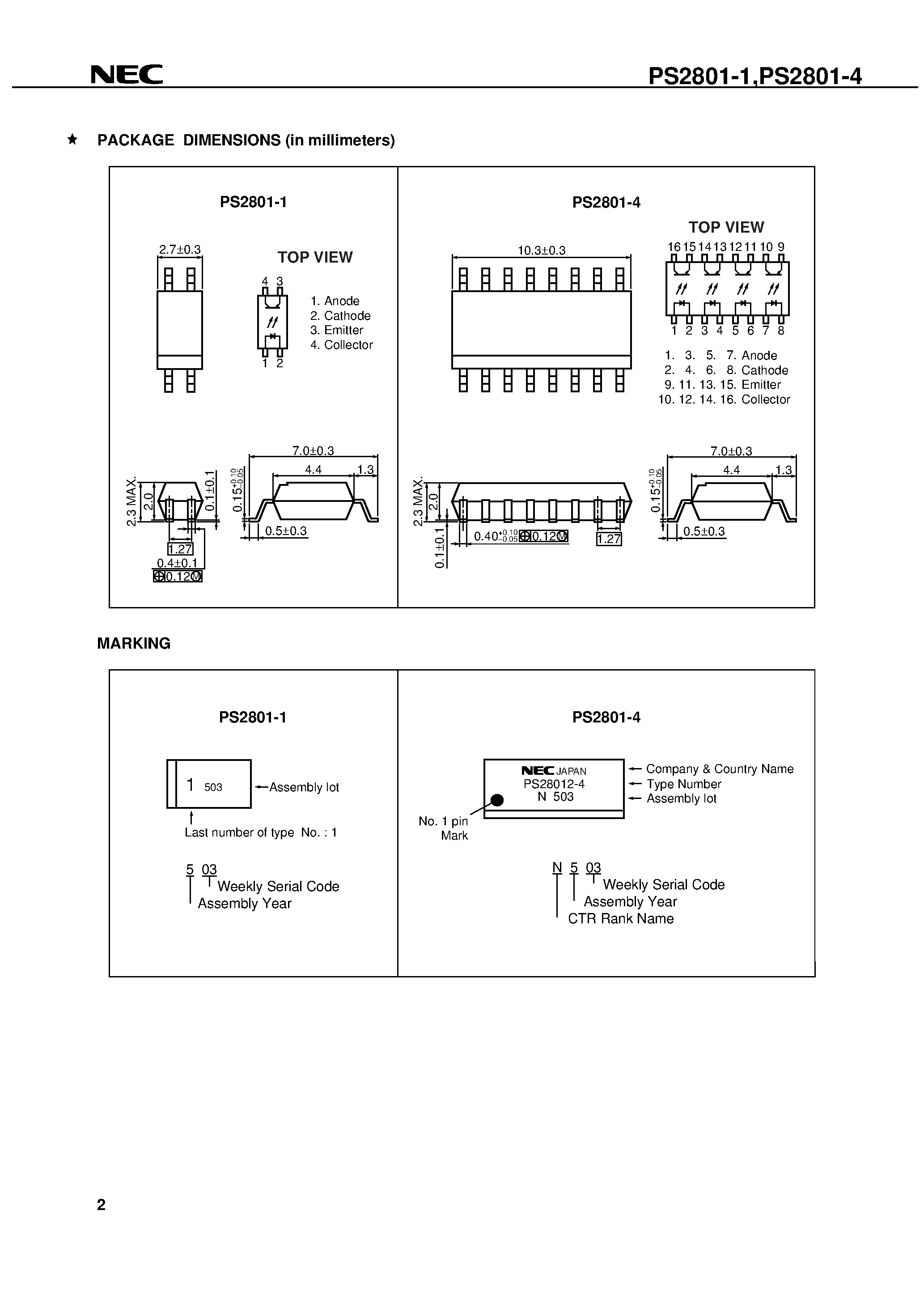 Даташит PS2801-4-F3 - HIGH ISOLATION VOLTAGE SOP PHOTOCOUPLER страница 2