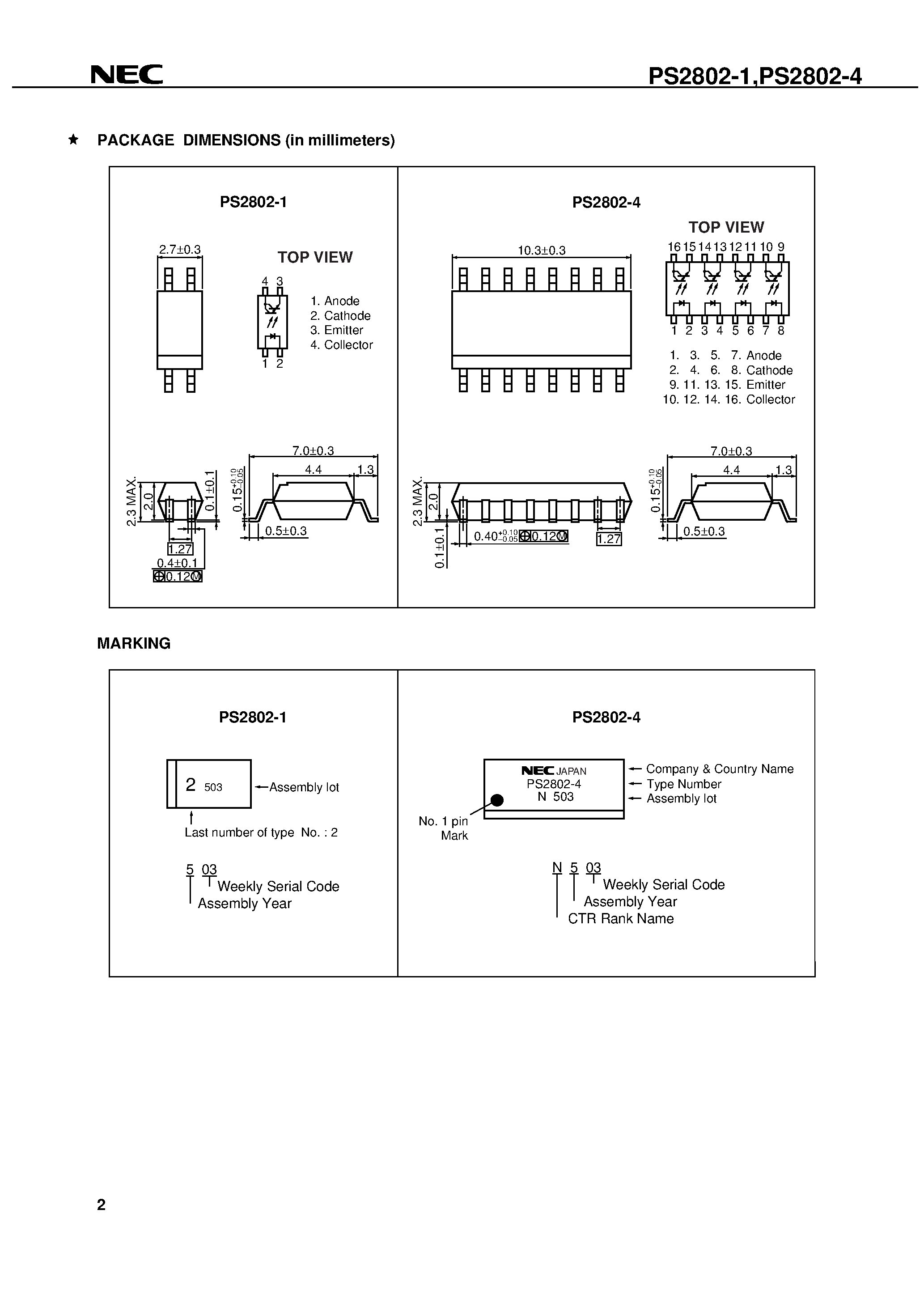 Даташит PS2802-4-F3 - HIGH ISOLATION VOLTAGE DARLINGTON TRANSISTOR TYPE SOP PHOTOCOUPLER страница 2