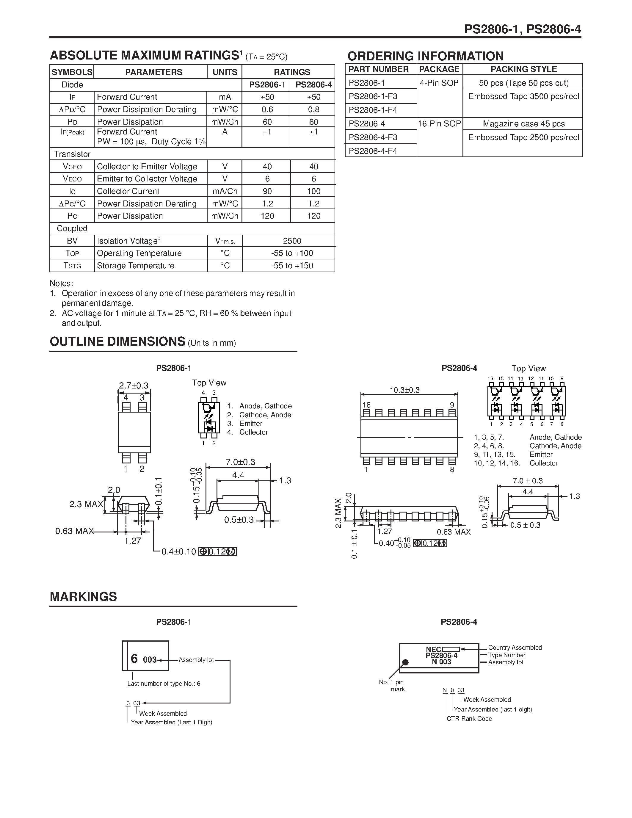 Даташит PS2806-4-F3 - HIGH ISOLATION VOLTAGE AC INPUT DARLINGTON TRANSISTOR TYPE SOP OPTOCOUPLER страница 2