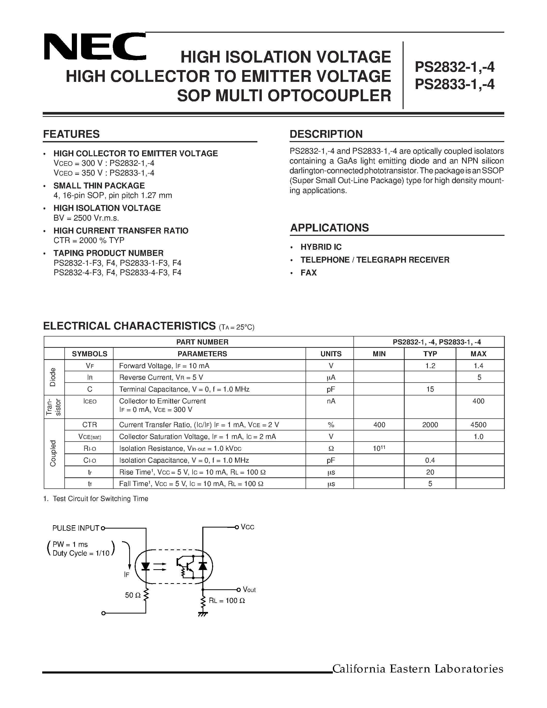 Datasheet PS2832-1-V - HIGH ISOLATION VOLTAGE HIGH COLLECTOR TO EMITTER VOLTAGE SOP MULTI OPTOCOUPLER page 1