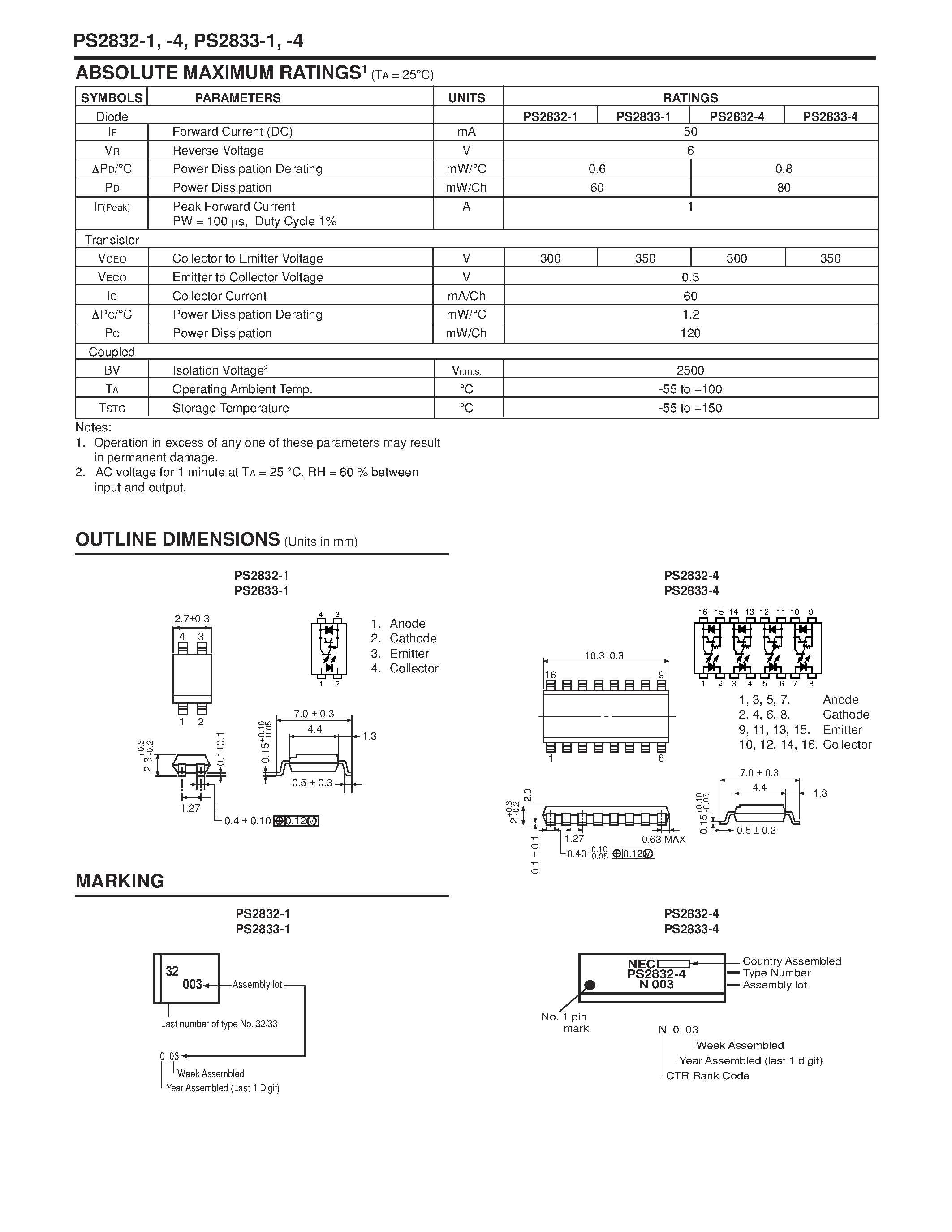 Datasheet PS2832-1-V - HIGH ISOLATION VOLTAGE HIGH COLLECTOR TO EMITTER VOLTAGE SOP MULTI OPTOCOUPLER page 2