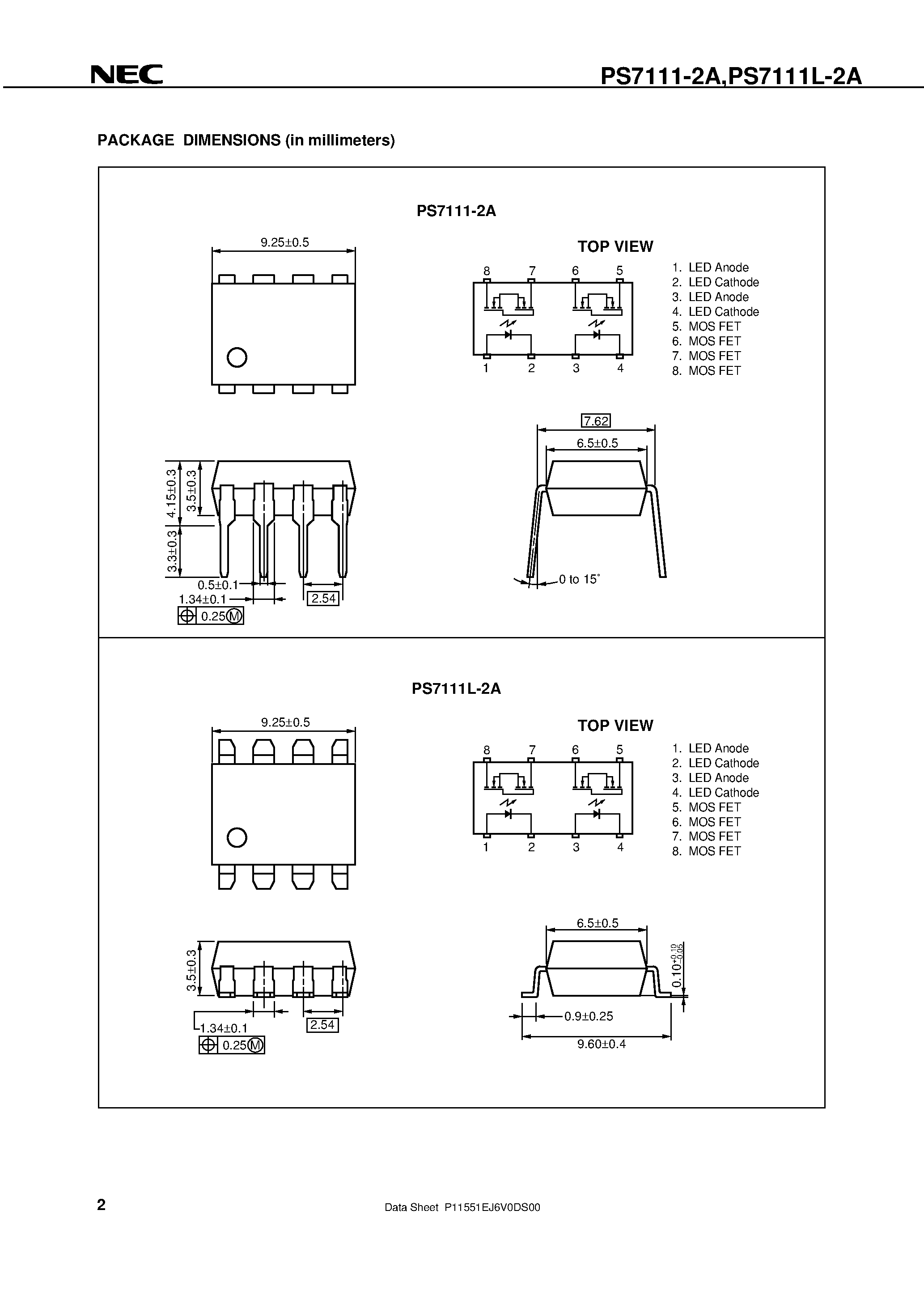 Даташит PS7111-2A - 8-PIN DIP / 100 V BREAK DOWN VOLTAGE 2-ch Optical Coupled MOS FET страница 2