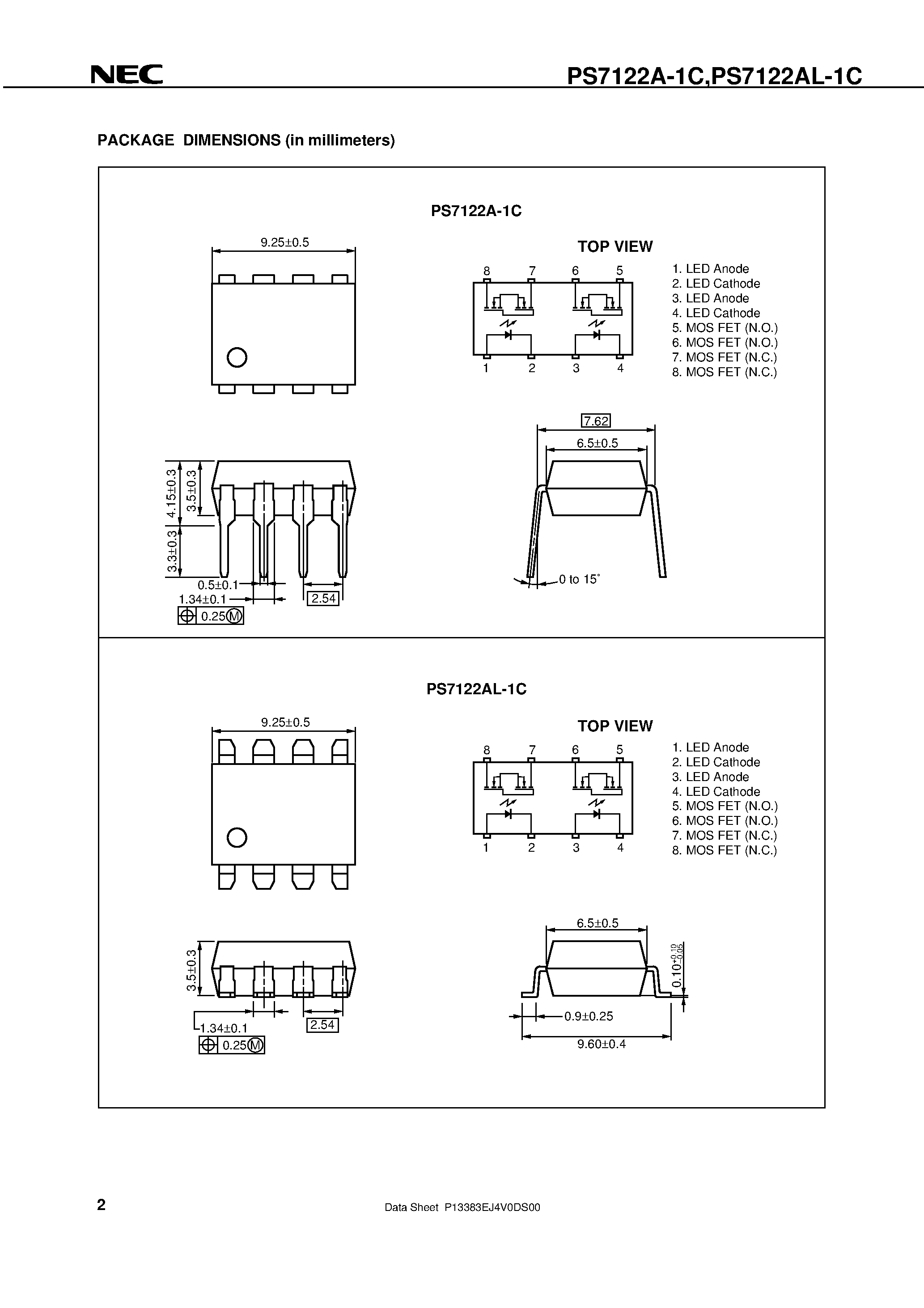 Даташит PS7122A-1C - 8-PIN DIP / 250 V BREAK DOWN VOLTAGE / TRANSFER TYPE 2-ch Optical Coupled MOS FET страница 2