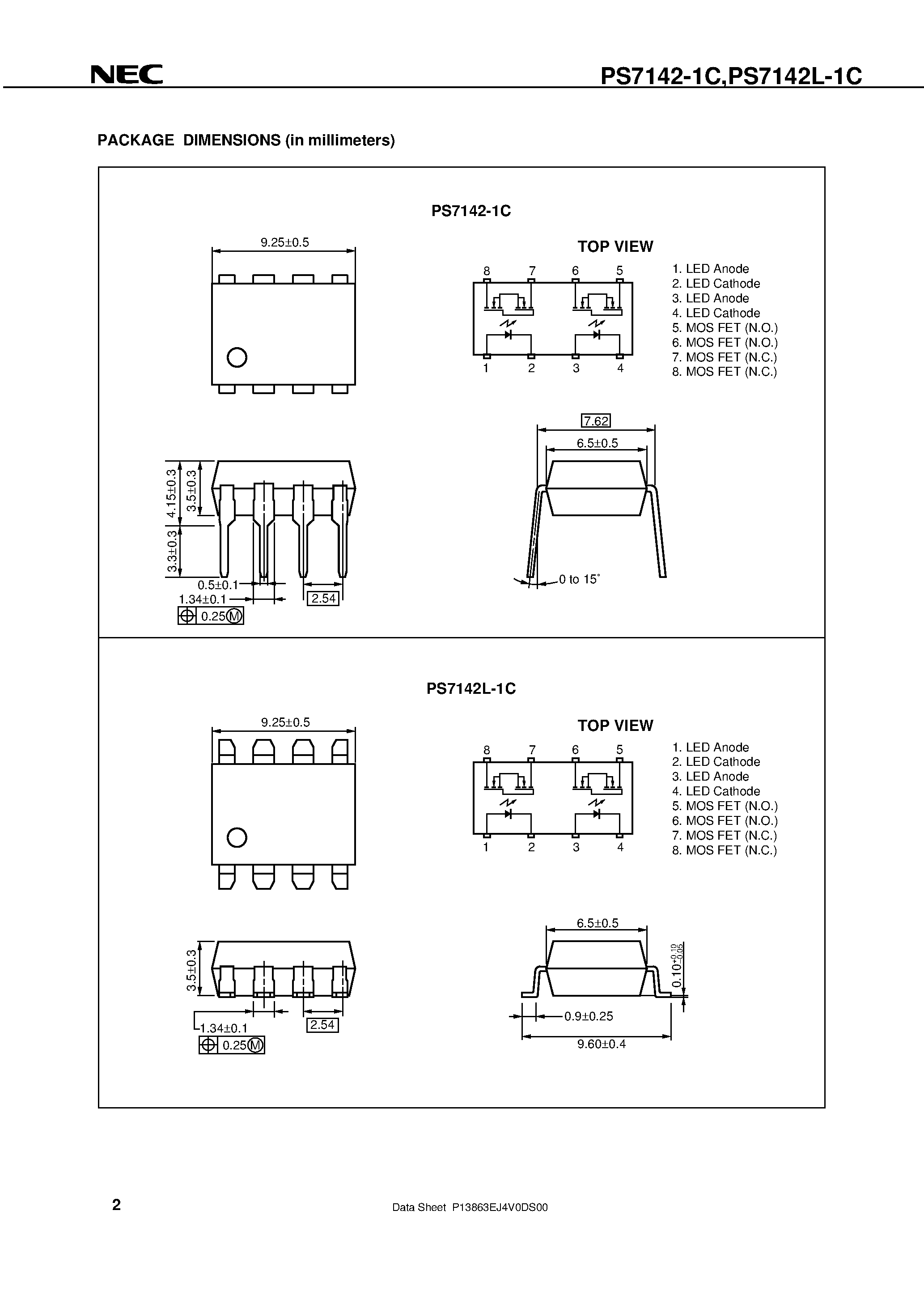 Даташит PS7142-1C - 8-PIN DIP / 400 V BREAK DOWN VOLTAGE / TRANSFER TYPE 2-ch Optical Coupled MOS FET страница 2