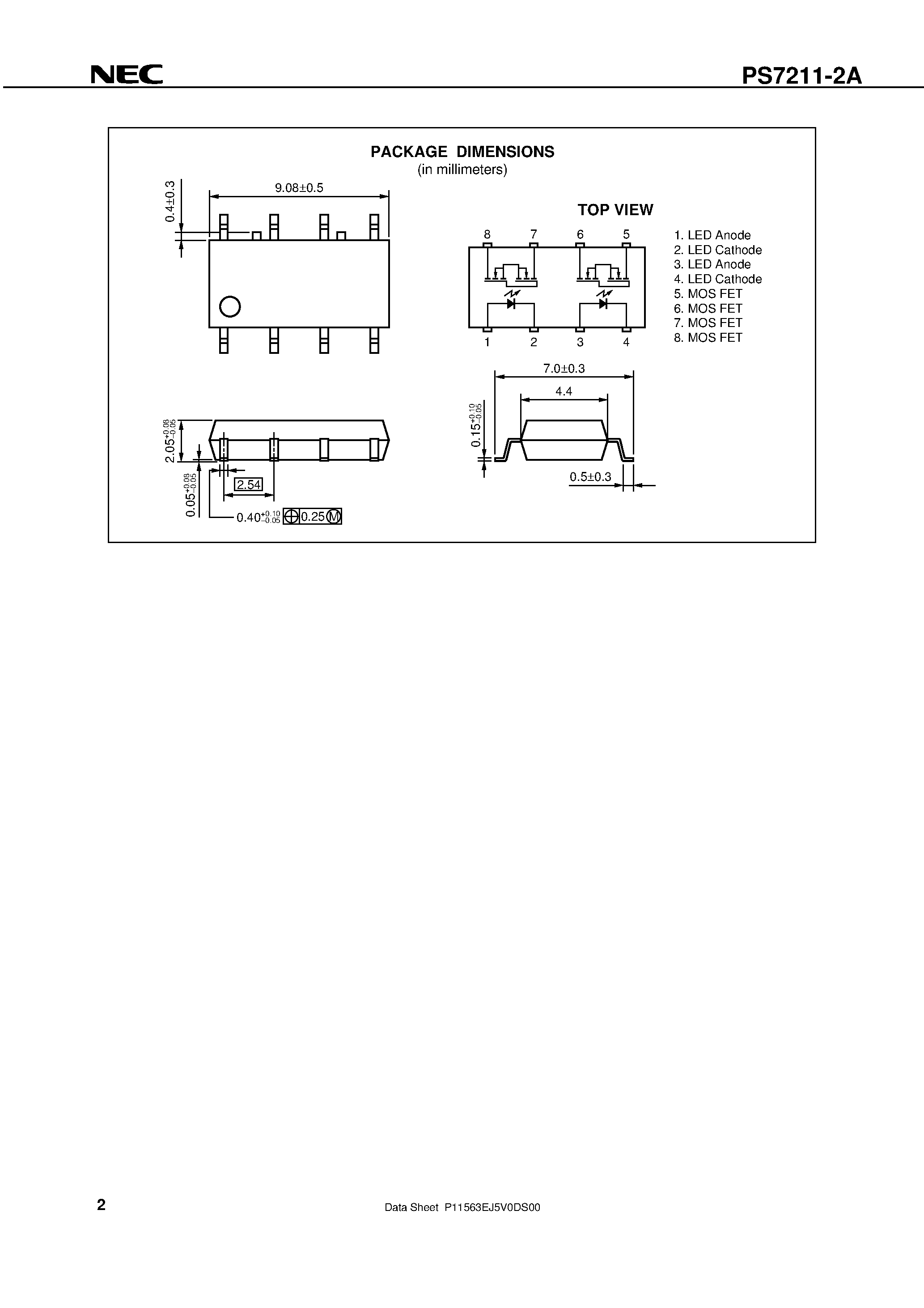 Даташит PS7211-2A - 8-PIN SOP 100 V BREAK DOWN VOLTAGE 2-ch Optical Coupled MOS FET страница 2