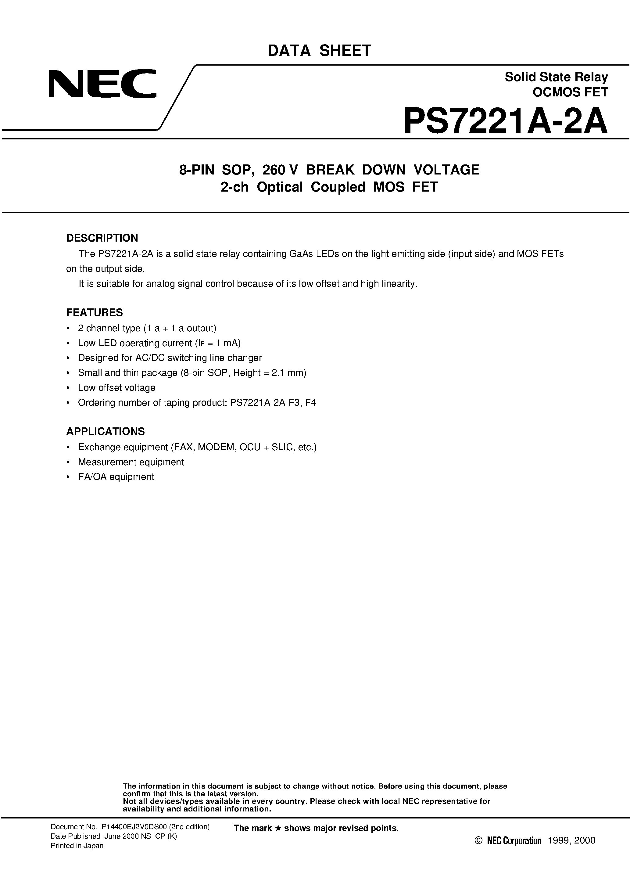 Даташит PS7221A-2A - 8-PIN SOP / 260 V BREAK DOWN VOLTAGE 2-ch Optical Coupled MOS FET страница 1