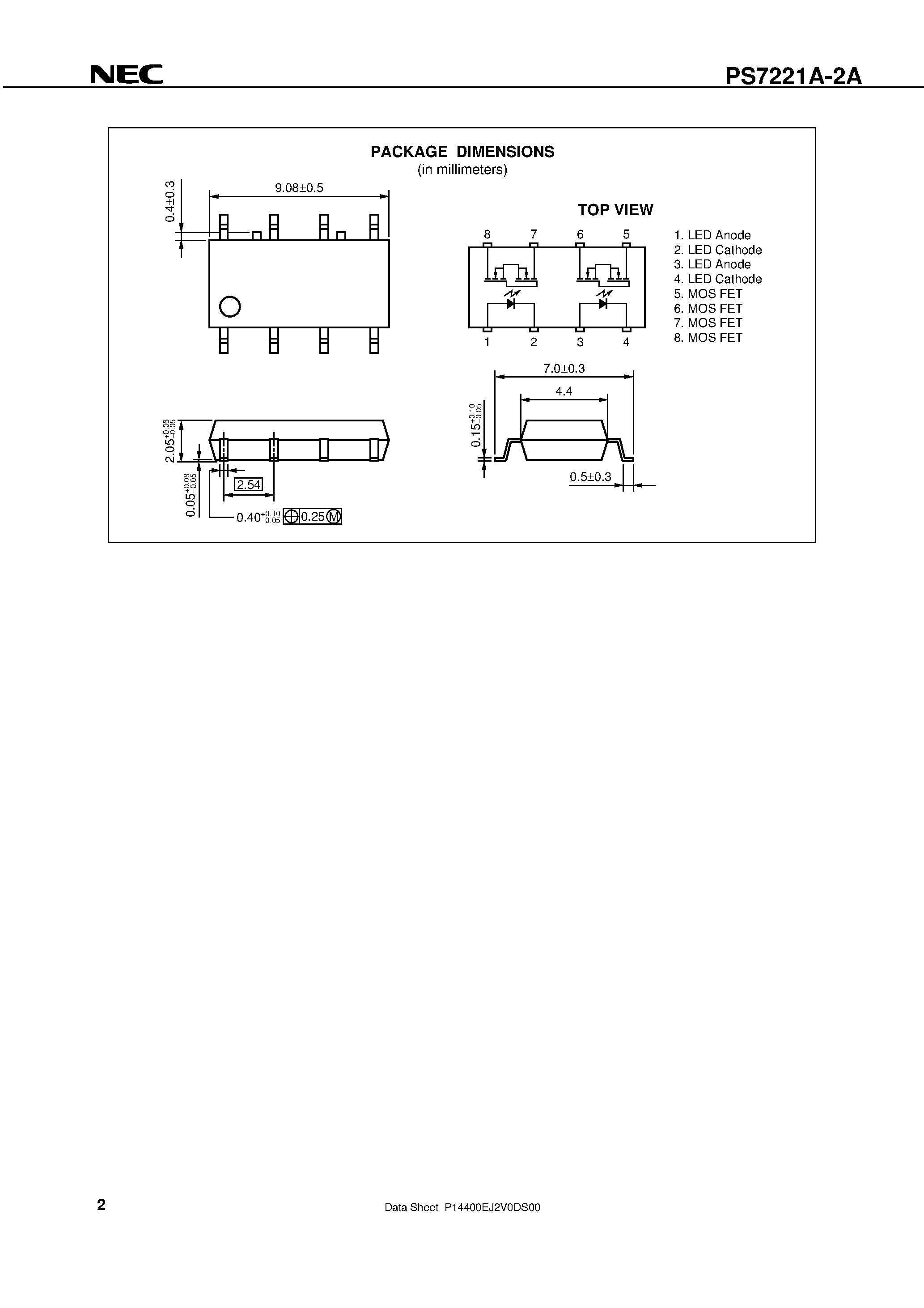 Даташит PS7221A-2A - 8-PIN SOP / 260 V BREAK DOWN VOLTAGE 2-ch Optical Coupled MOS FET страница 2