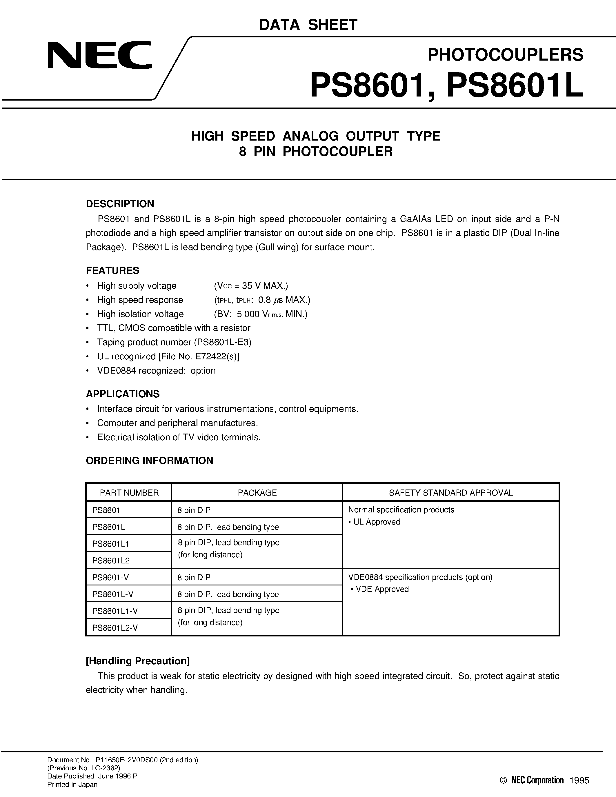 Datasheet PS8601-V - HIGH SPEED ANALOG OUTPUT TYPE 8 PIN PHOTOCOUPLER page 1