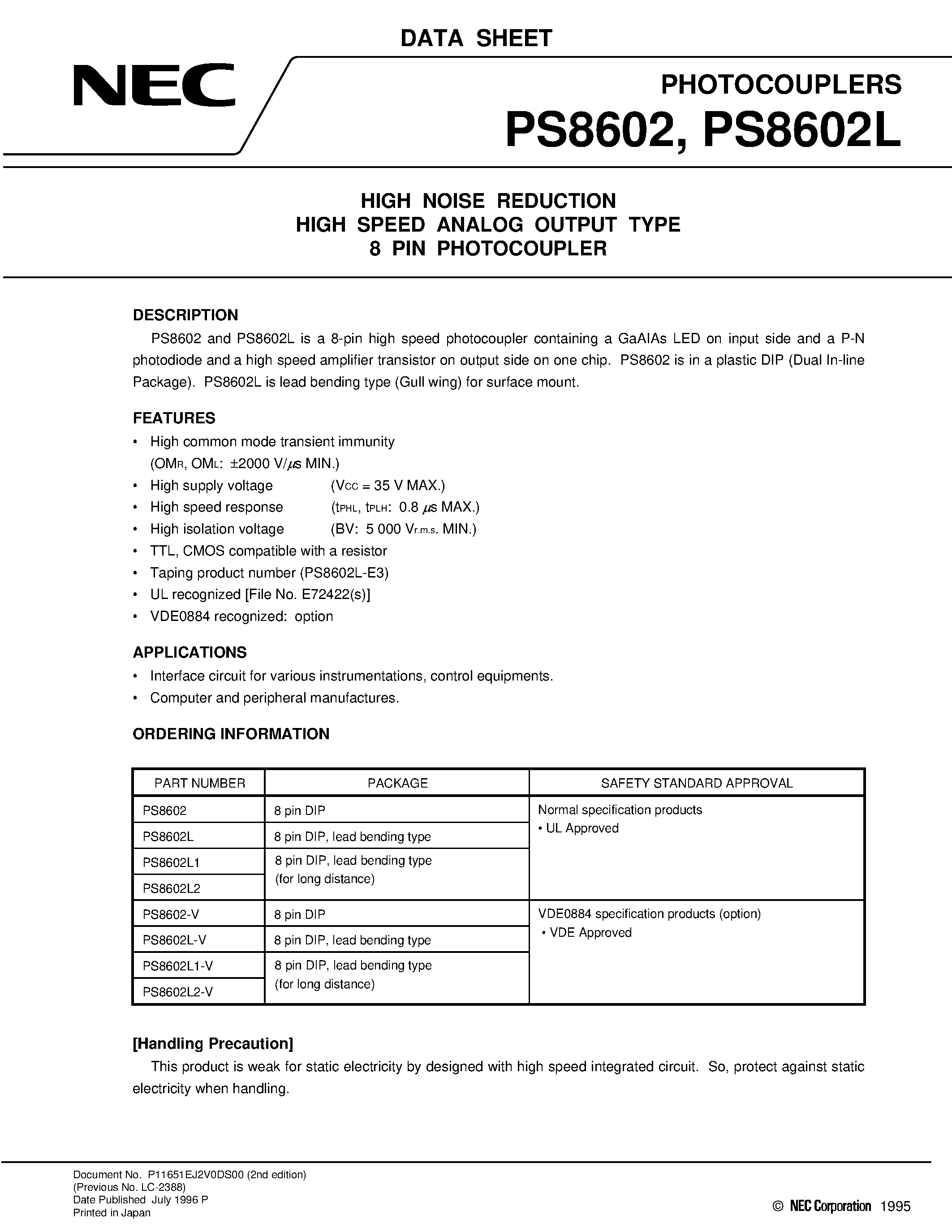 Datasheet PS8602-V - HIGH NOISE REDUCTION HIGH SPEED ANALOG OUTPUT TYPE 8 PIN PHOTOCOUPLER page 1