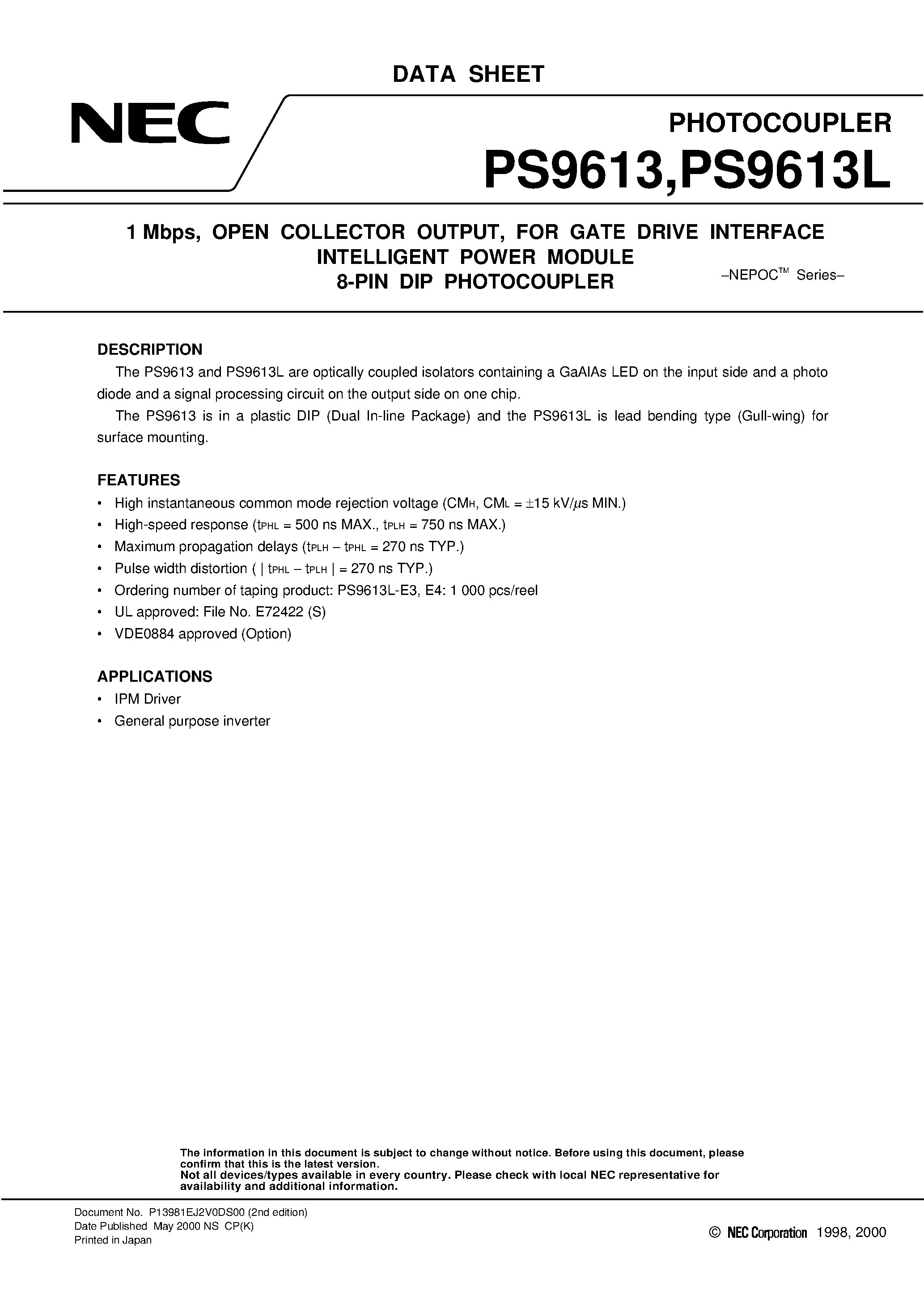 Datasheet PS9613-V - 1 Mbps / OPEN COLLECTOR OUTPUT / FOR GATE DRIVE INTERFACE INTELLIGENT POWER MODULE 8-PIN DIP PHOTOCOUPLER page 1