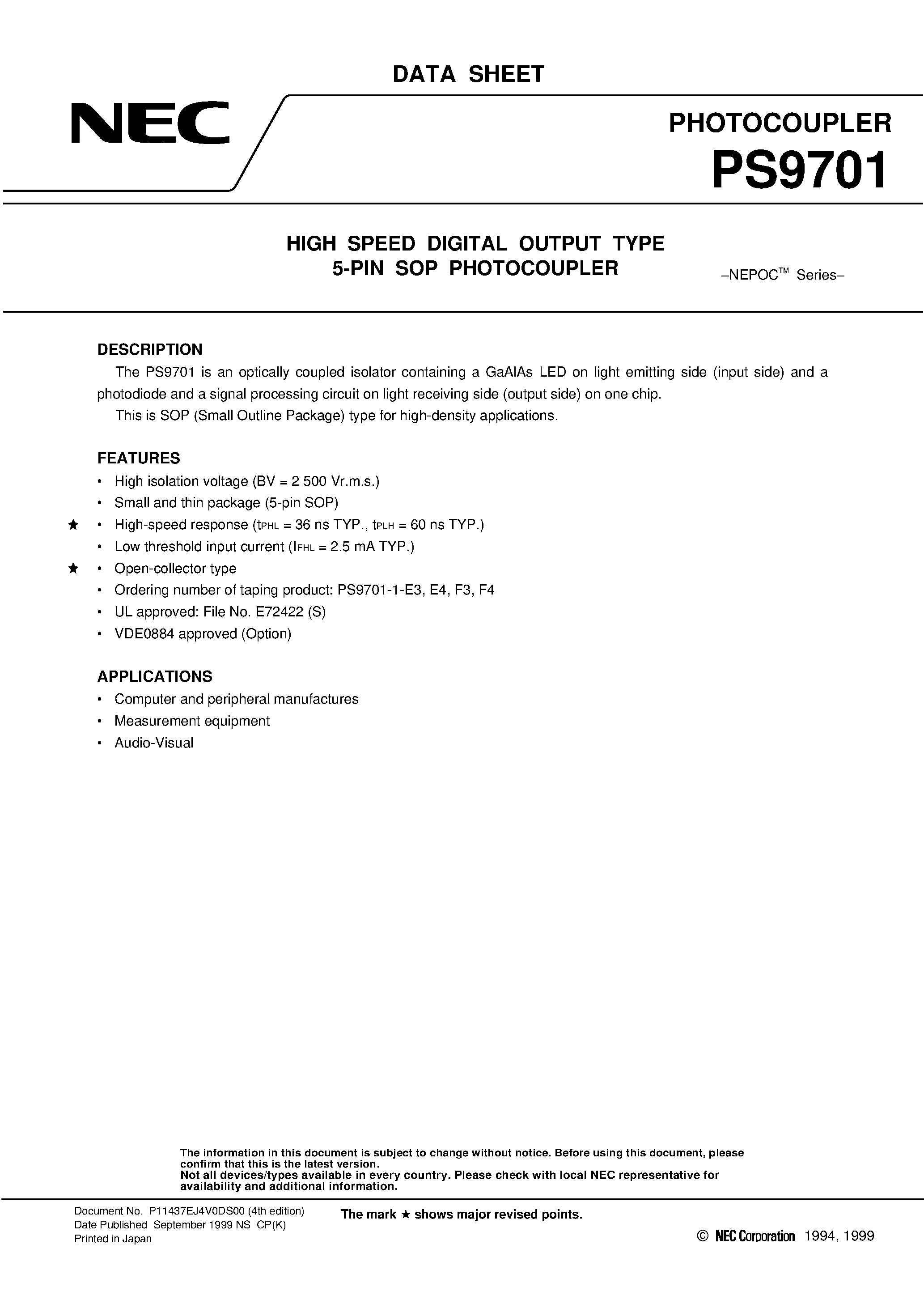 Datasheet PS9701-V - HIGH SPEED DIGITAL OUTPUT TYPE 5-PIN SOP PHOTOCOUPLER page 1