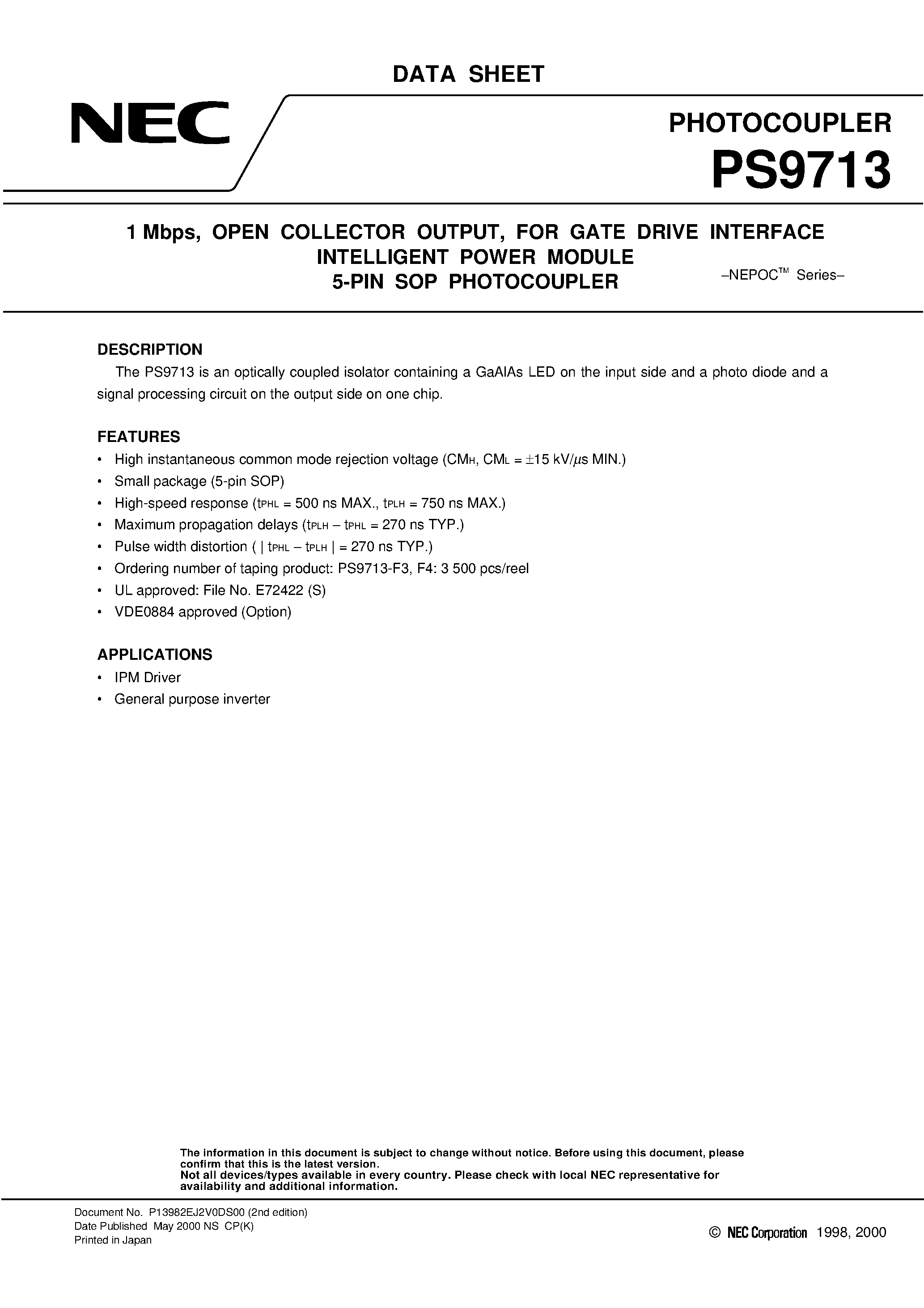 Datasheet PS9713-V - 1 Mbps / OPEN COLLECTOR OUTPUT / FOR GATE DRIVE INTERFACE INTELLIGENT POWER MODULE 5-PIN SOP PHOTOCOUPLER page 1