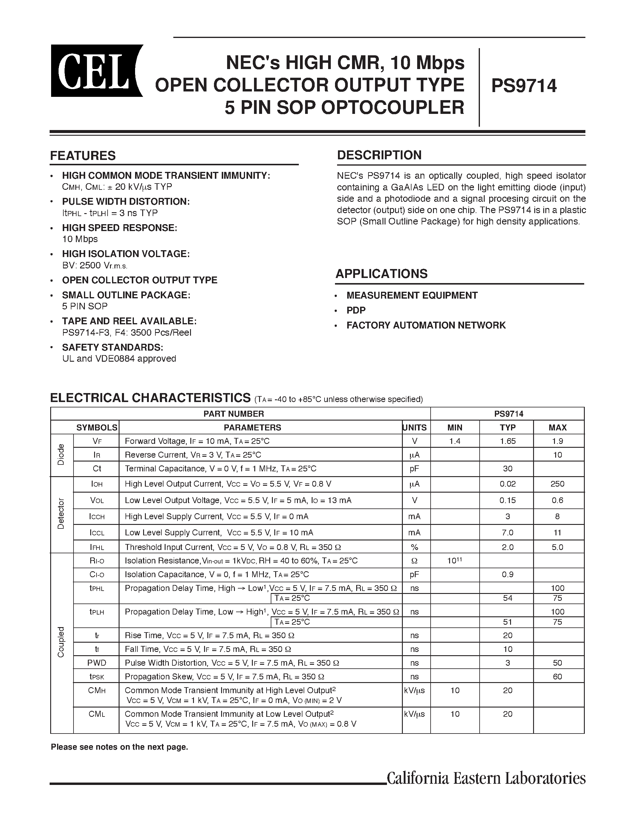 Datasheet PS9714-V - NECs HIGH CMR / 10 Mbps OPEN COLLECTOR OUTPUT TYPE 5 PIN SOP OPTOCOUPLER page 1