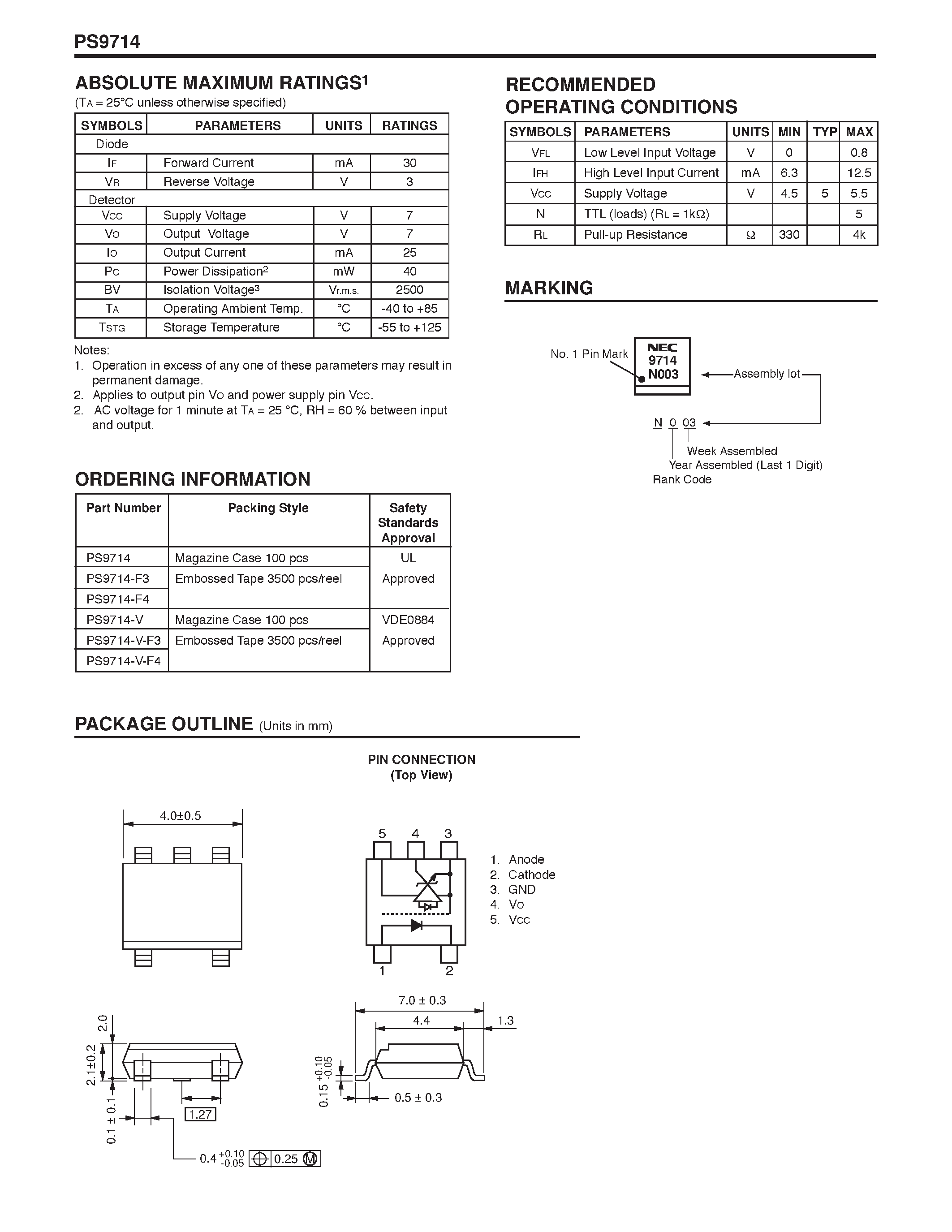 Datasheet PS9714-V - NECs HIGH CMR / 10 Mbps OPEN COLLECTOR OUTPUT TYPE 5 PIN SOP OPTOCOUPLER page 2