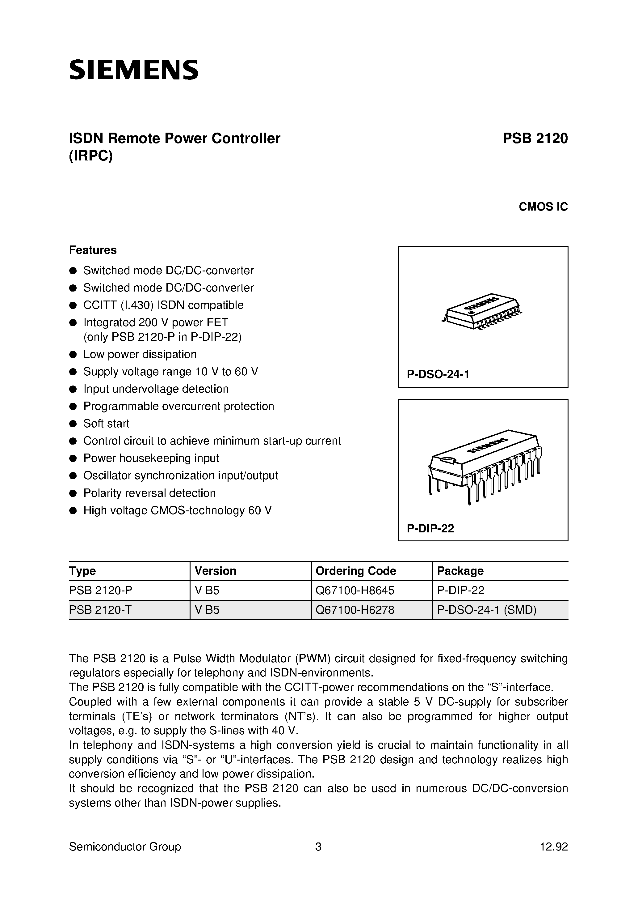 Даташит PSB2120-P - ISDN Remote Power Controller страница 1