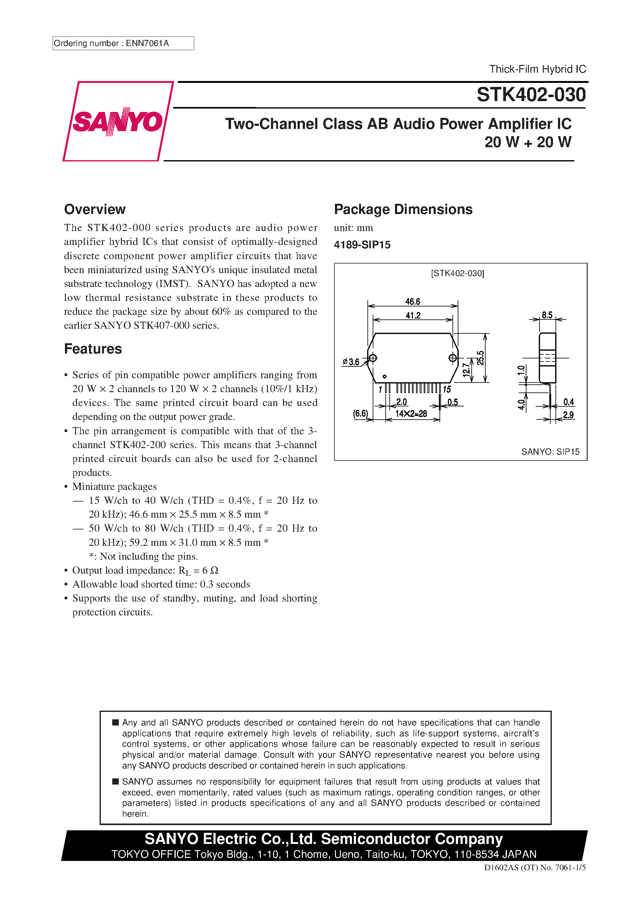 Datasheet STK402-020 - Two-Channel Class AB Audio Power Amplifier IC 20 W + 20 W page 1