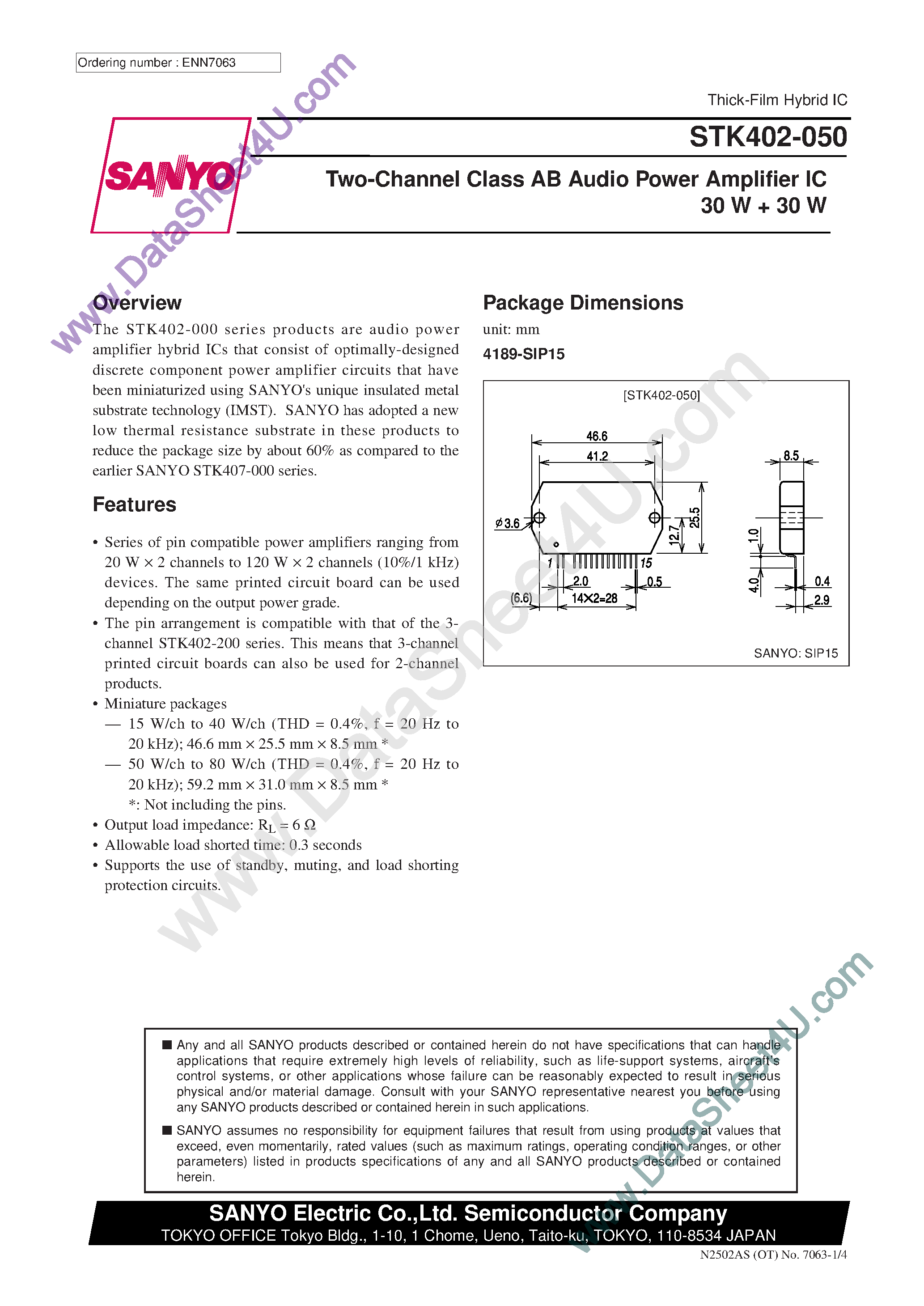 Datasheet STK402-050 - Two-Channel Class AB Audio Power Amplifier IC 20 W + 20 W page 1