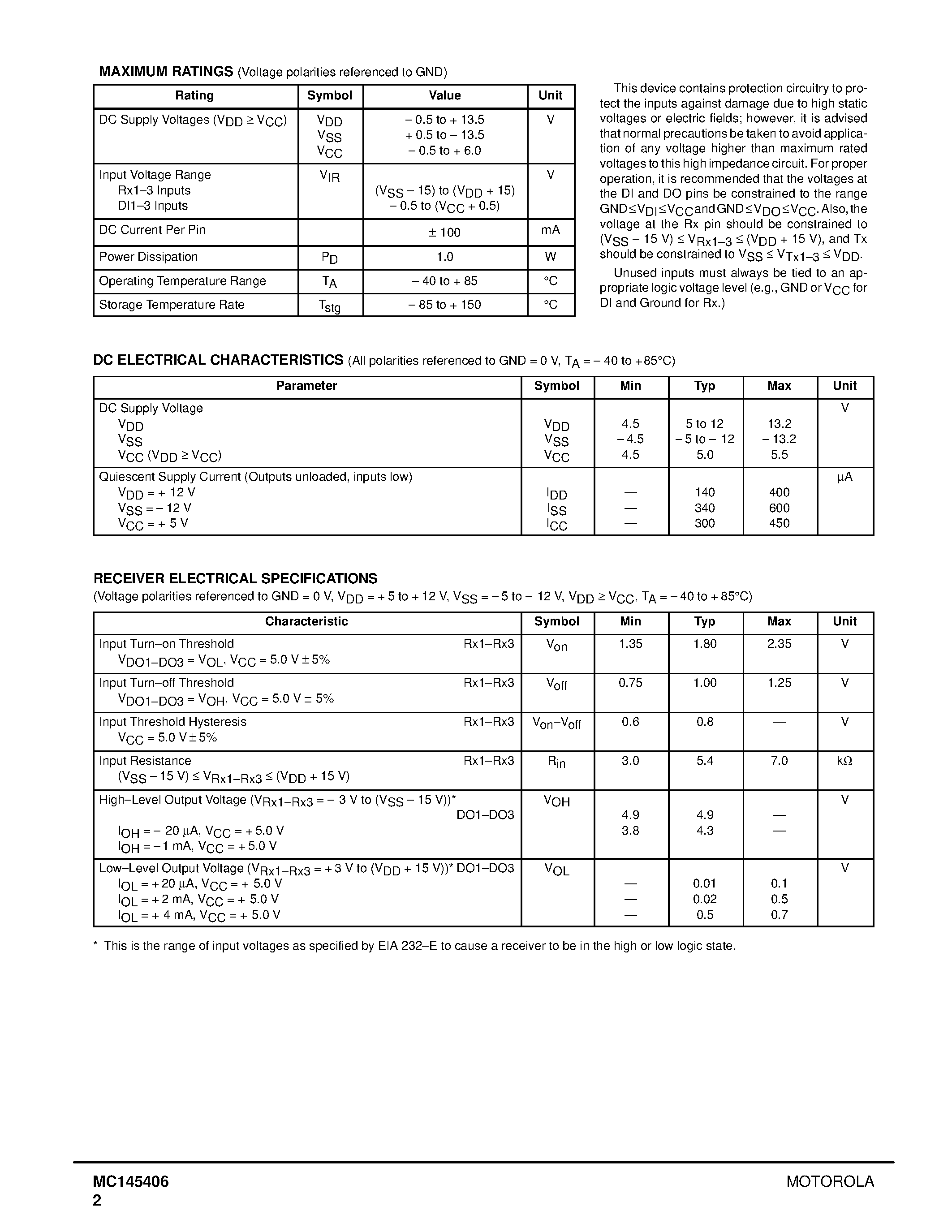 Даташит MC145406 - Driver/Receiver(EIA 232-E and CCITT V.28(Formerly RS-232-D) страница 2