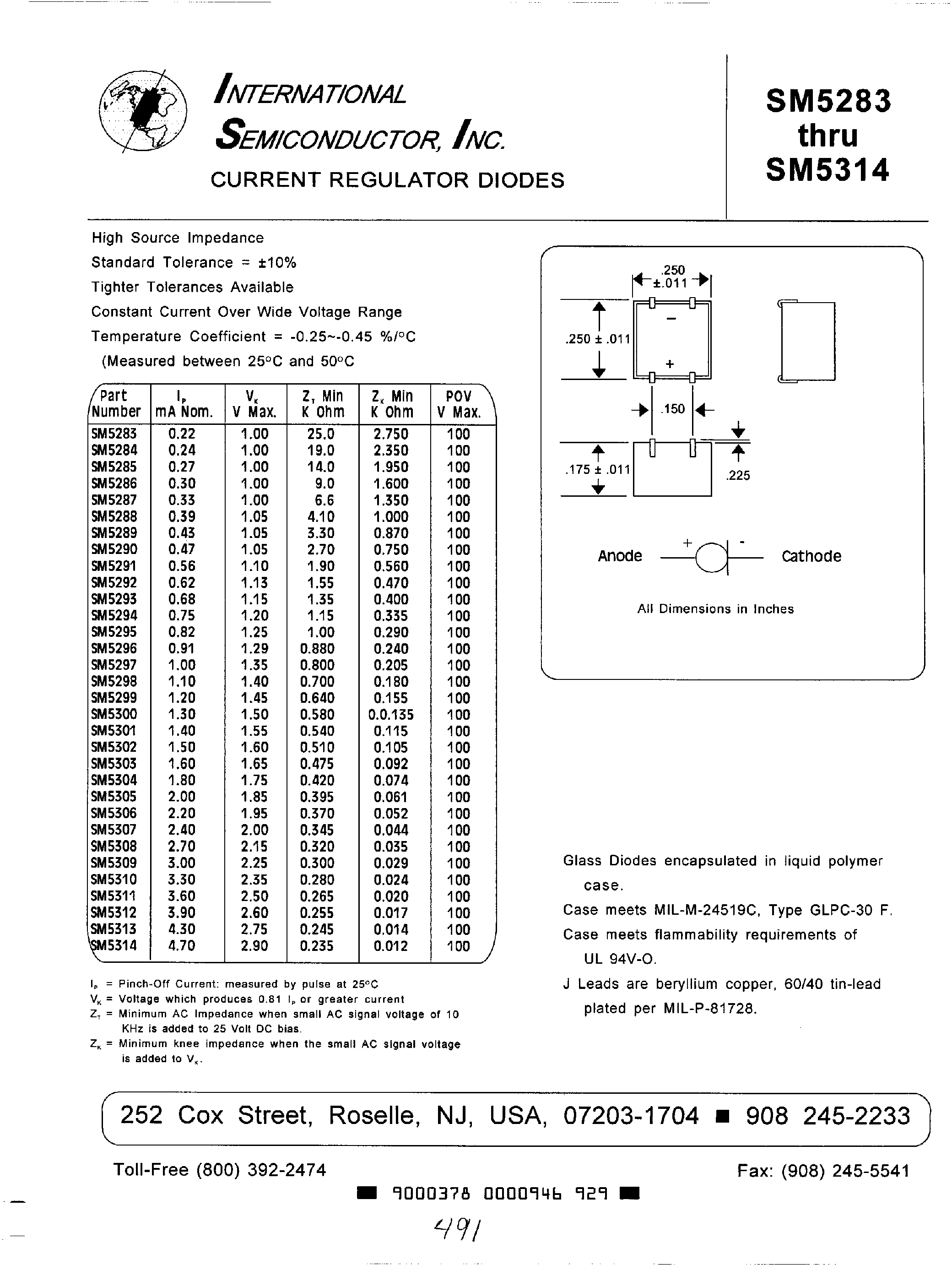 Datasheet SM5304 - Current Regulator Diodes page 1