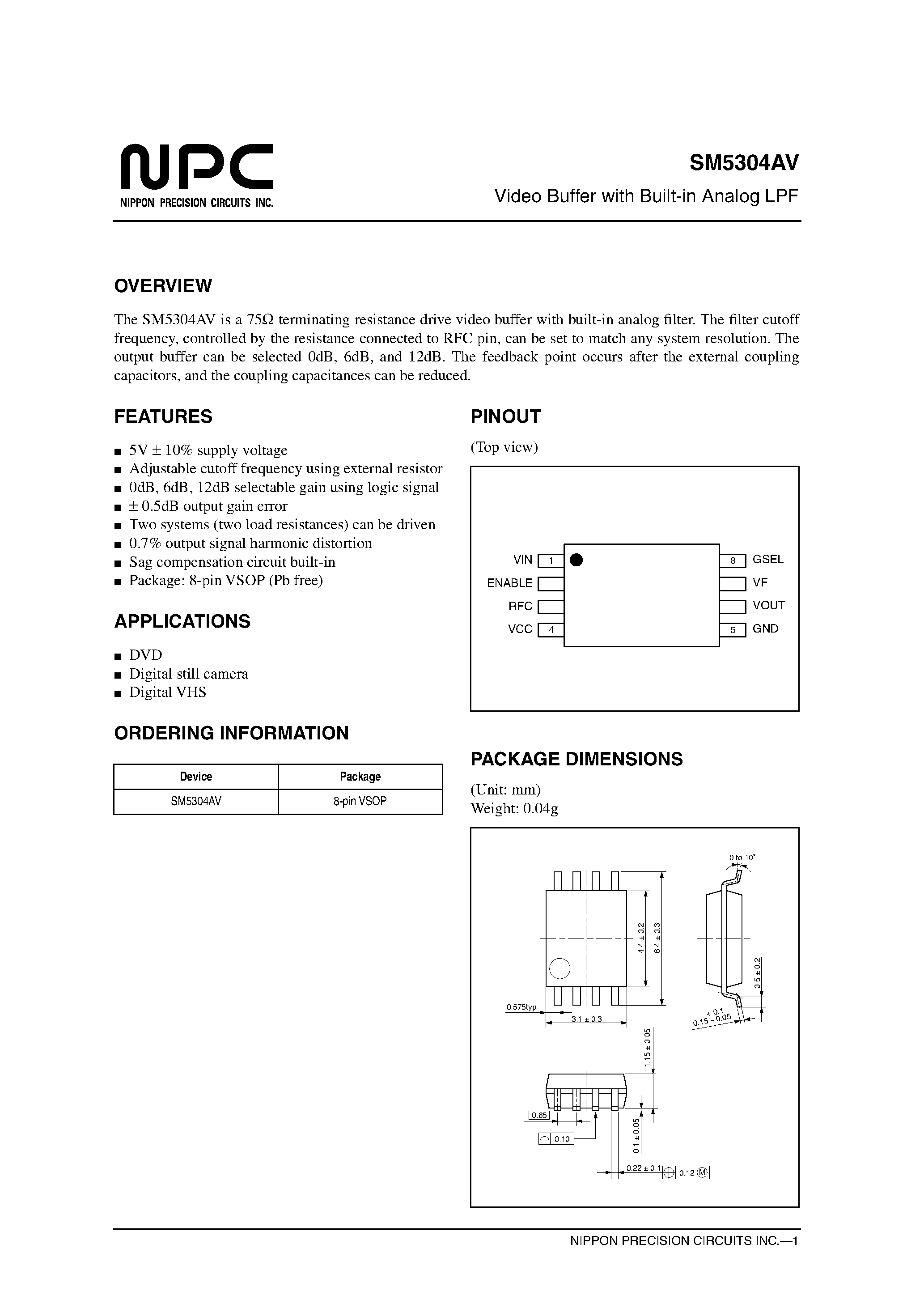 Datasheet SM5304AV - Video Buffer with Built-in Analog LPF page 1