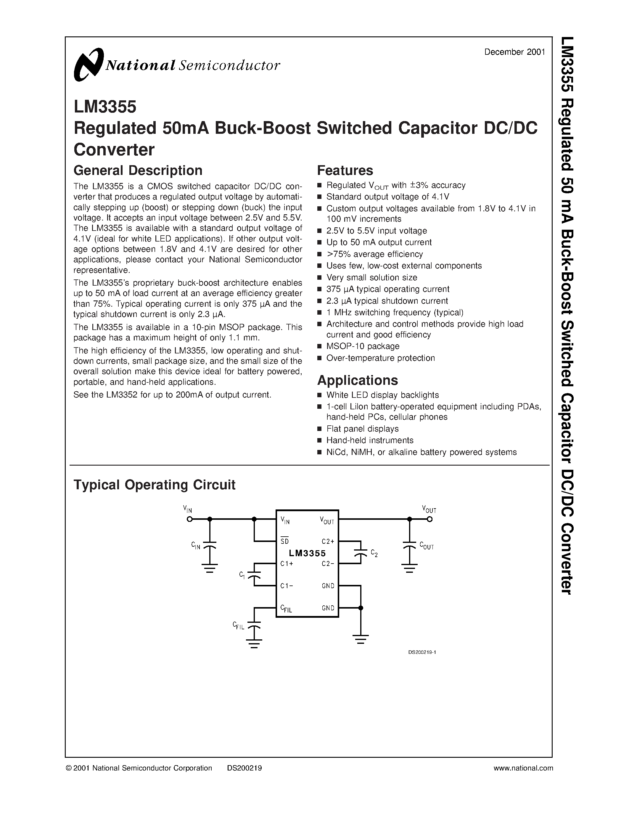 Datasheet LM3355 - -05 to 5.6 V regulated 50mA buck-boost switched capacitor DC/DC converter For white LED display backlights page 1