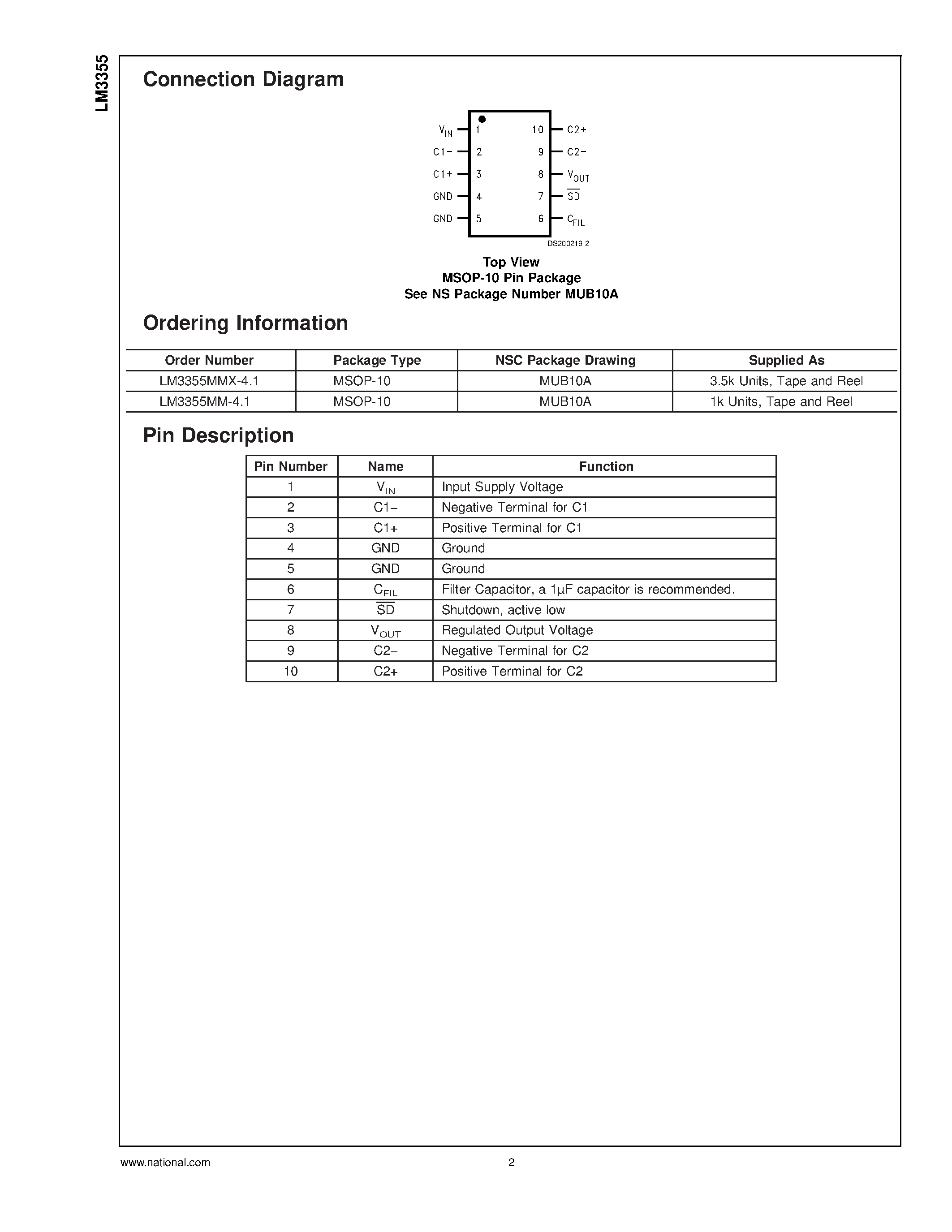 Datasheet LM3355 - -05 to 5.6 V regulated 50mA buck-boost switched capacitor DC/DC converter For white LED display backlights page 2