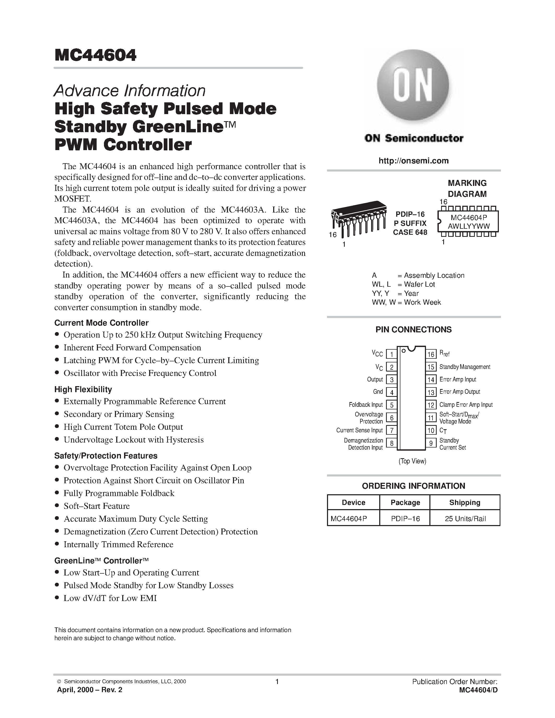 Даташит MC44604 - High Safety Pulsed Mode Stanby GreenLine PWM Controller страница 1