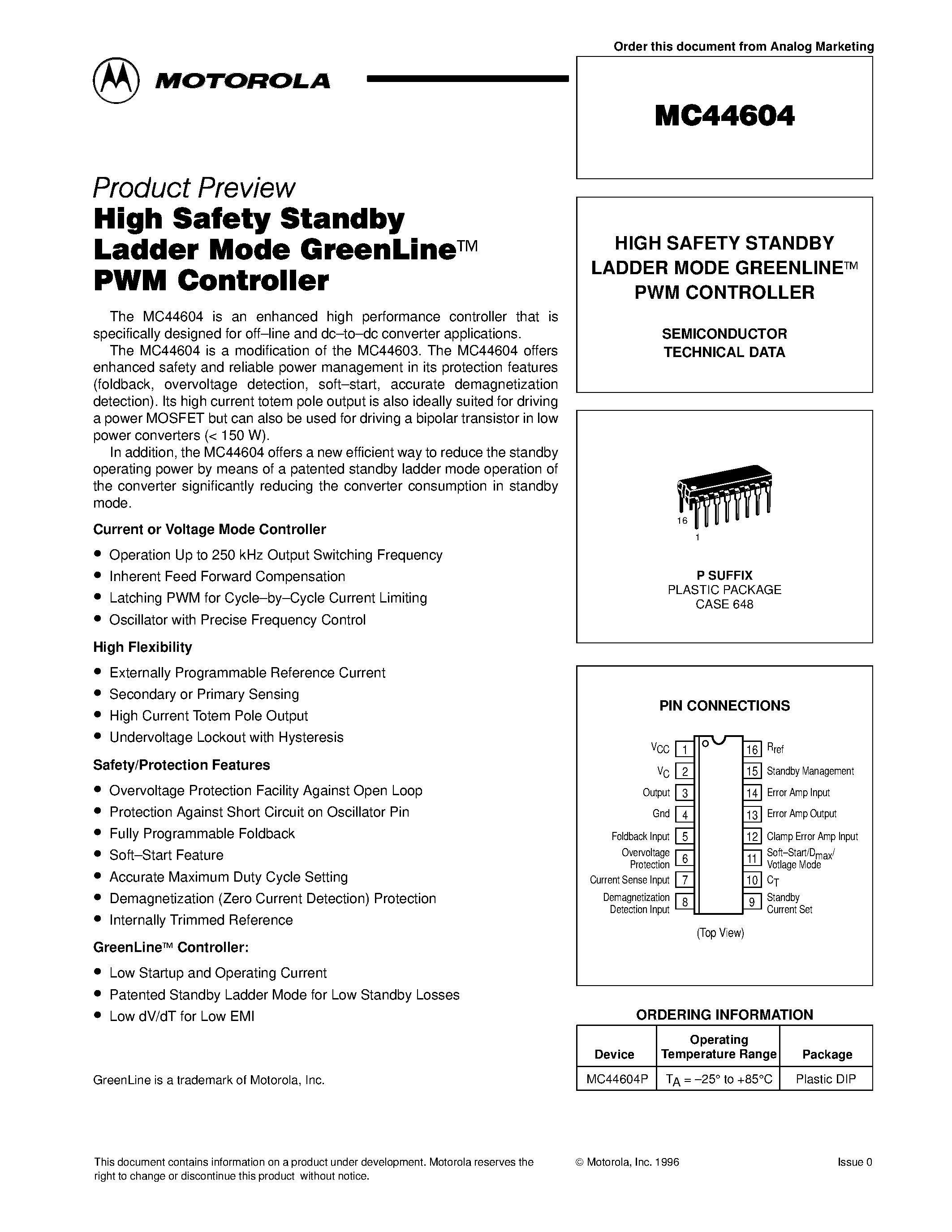 Даташит MC44604 - HIGH SAFETY STANDBY LADDER MODE GREENLINE PWM CONTROLLER страница 1