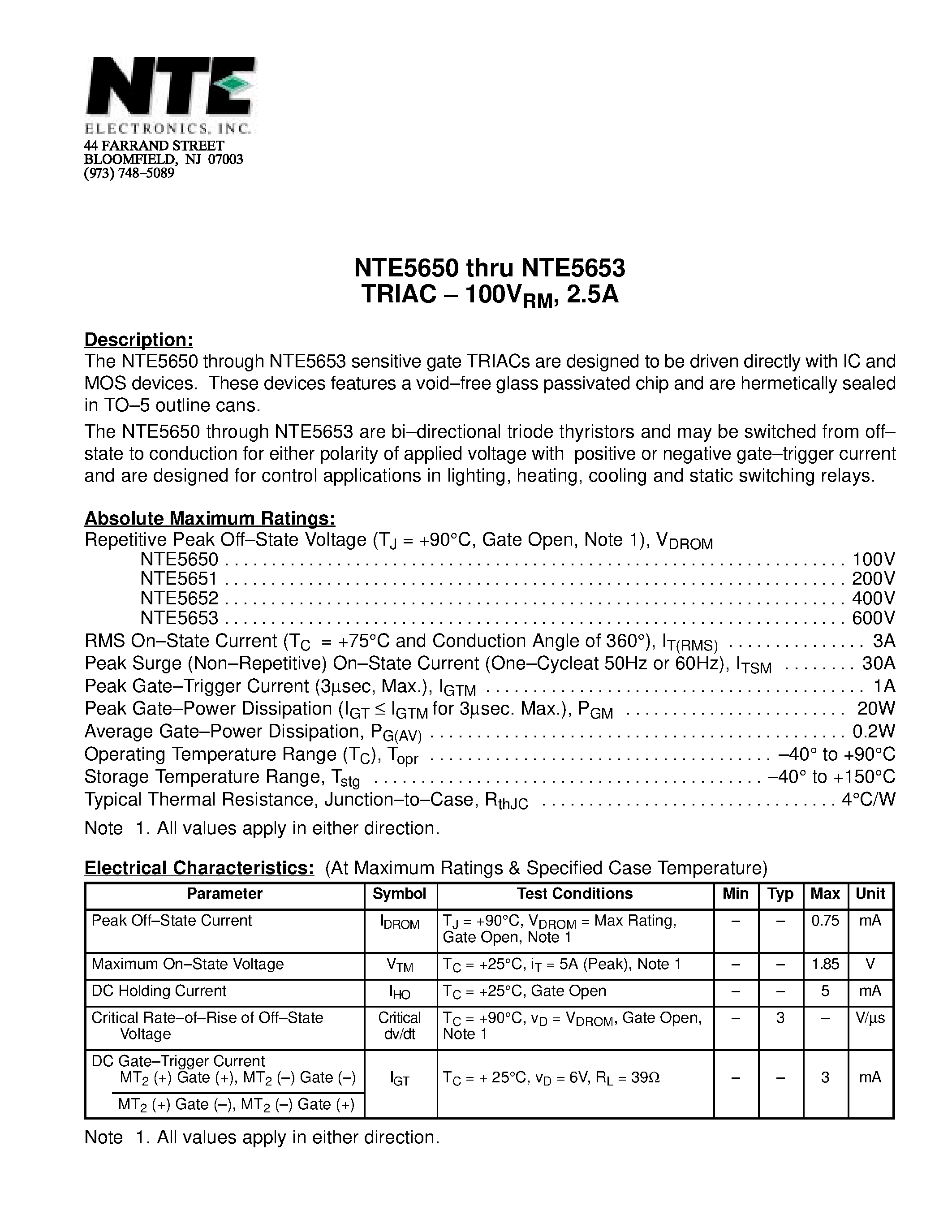 Даташит NTE5650 - TRIAC - 100VRM / 2.5A страница 1