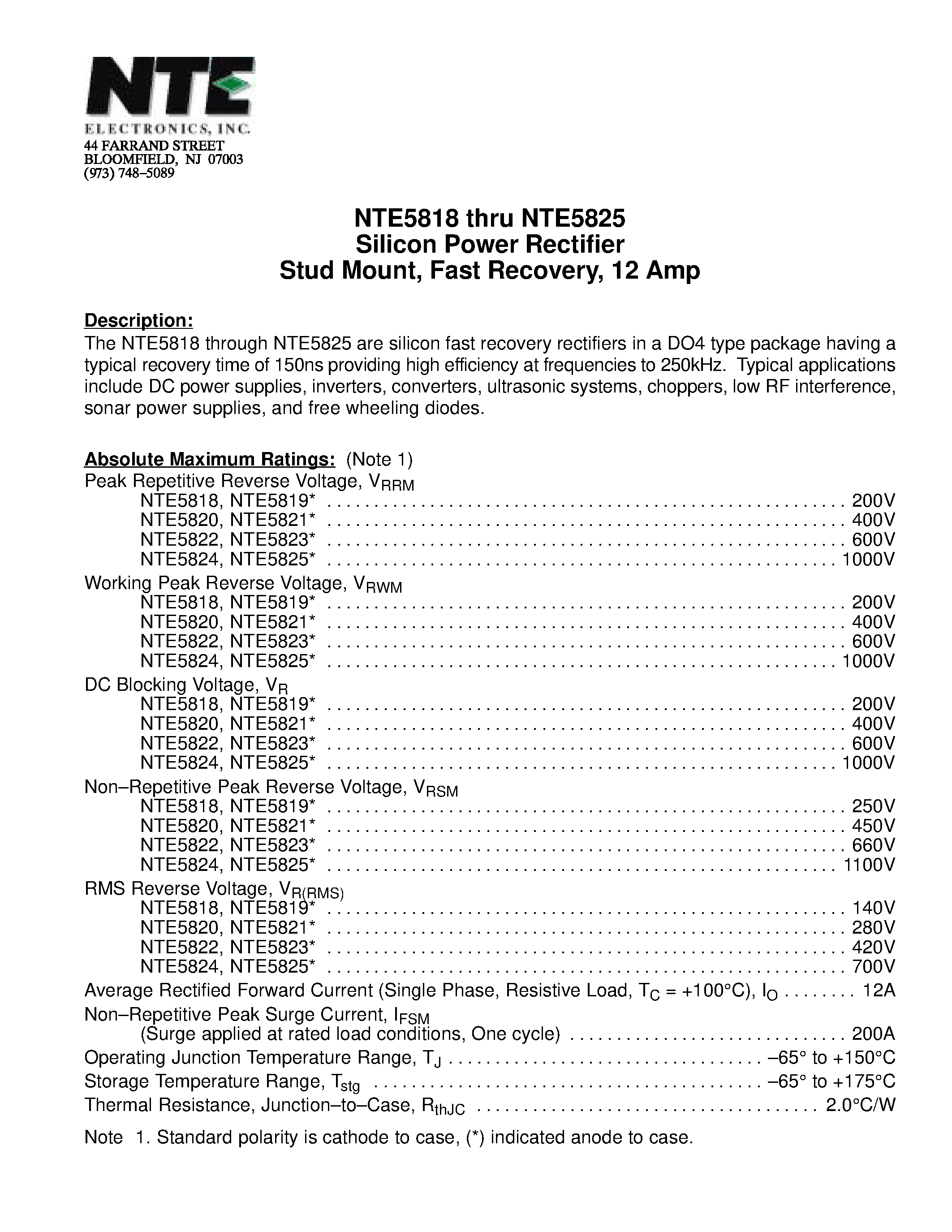 Datasheet NTE5825 - Silicon Power Rectifier Stud Mount / Fast Recovery / 12 Amp page 1