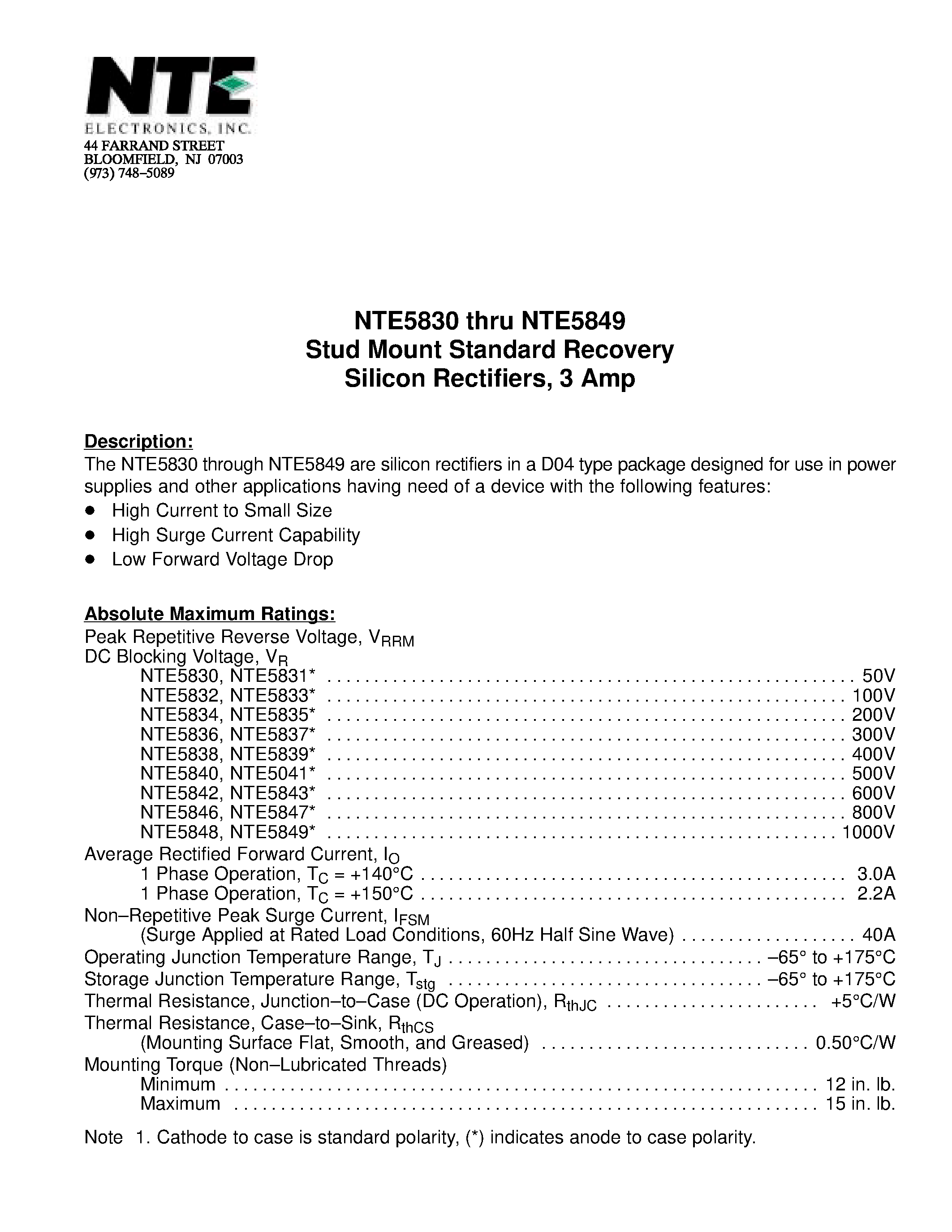 Datasheet NTE5830 - Stud Mount Standard Recovery Silicon Rectifiers / 3 Amp page 1