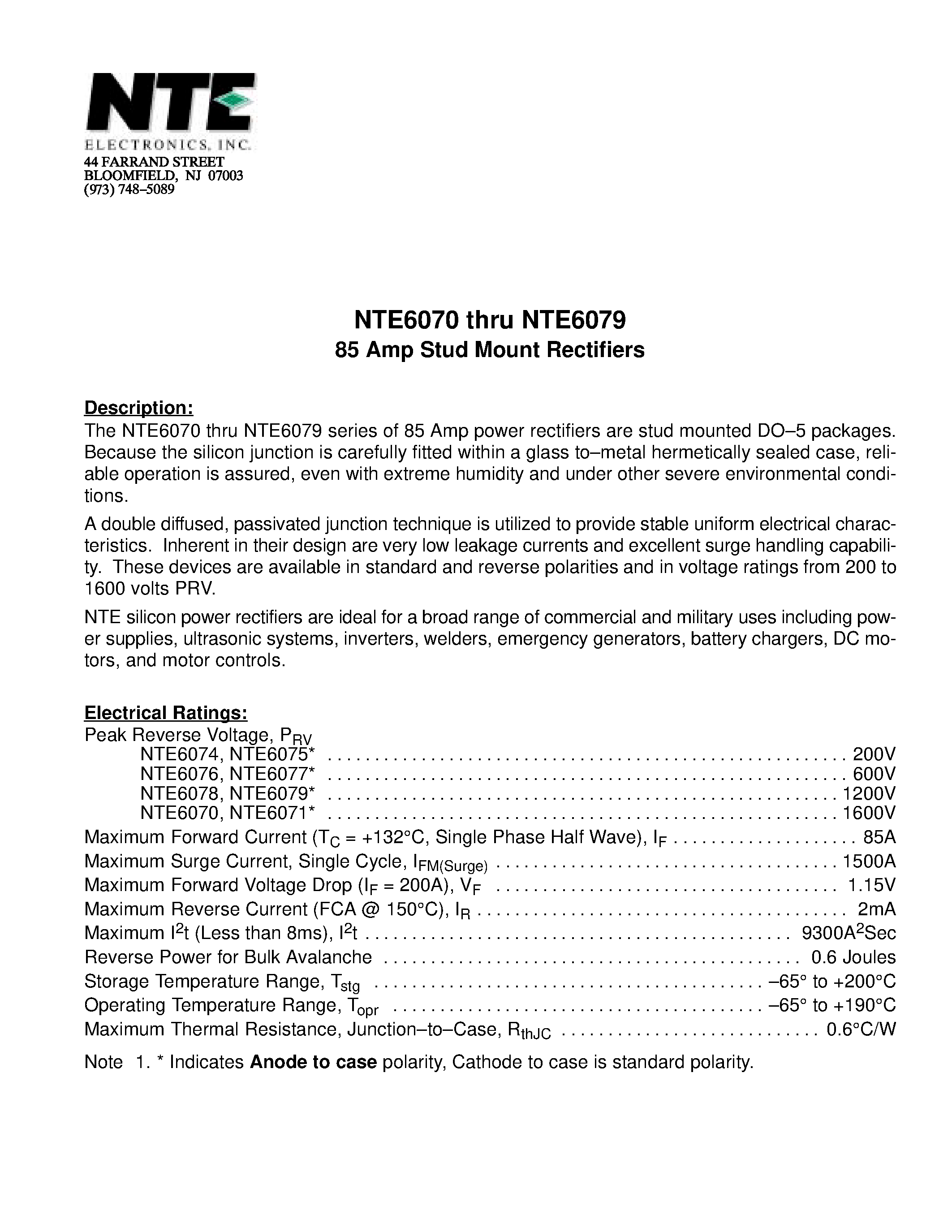 Даташит NTE6070 - 85 Amp Stud Mount Rectifiers страница 1