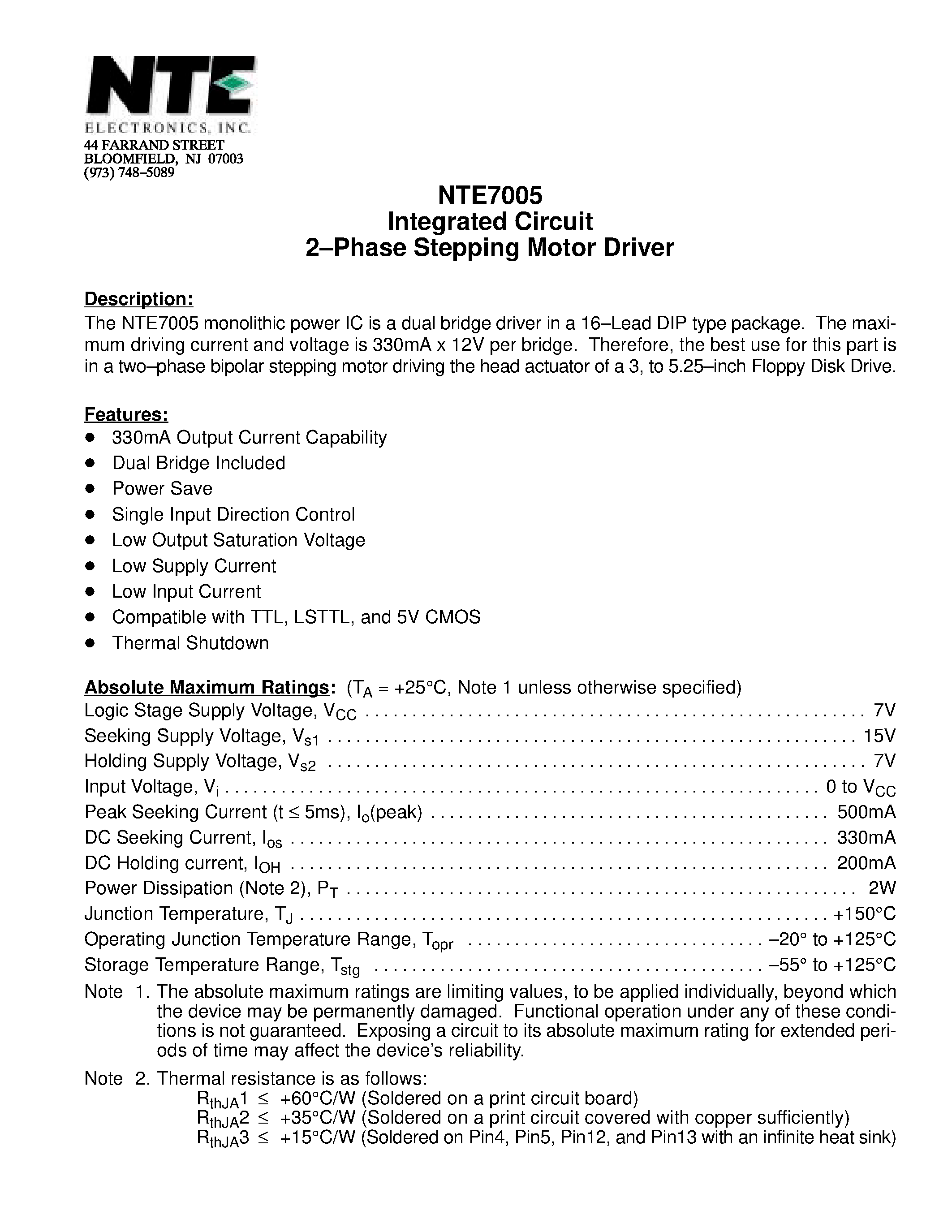 Даташит NTE7005 - Integrated Circuit 2-Phase Stepping Motor Driver страница 1