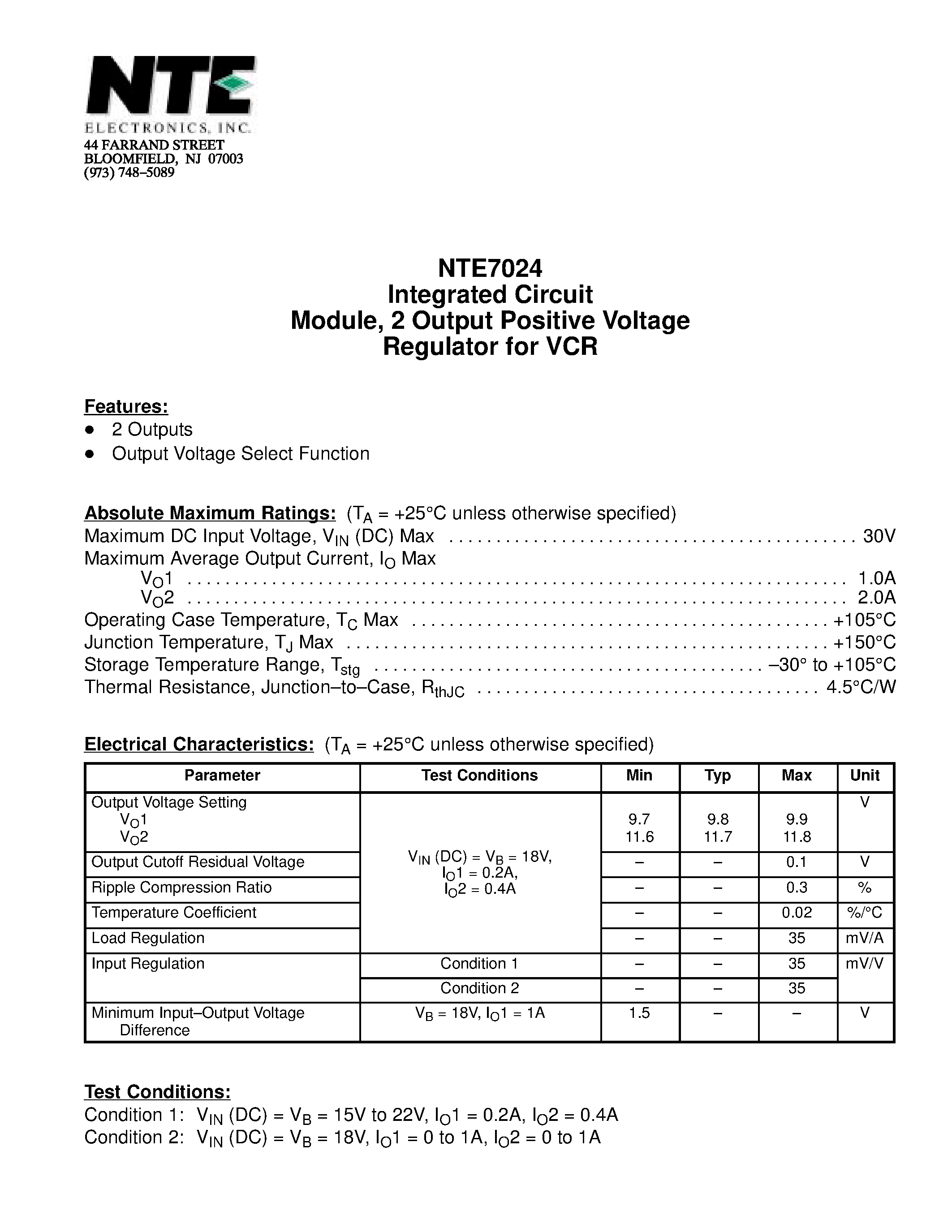 Даташит NTE7024 - Integrated Circuit Module / 2 Output Positive Voltage Regulator for VCR страница 1