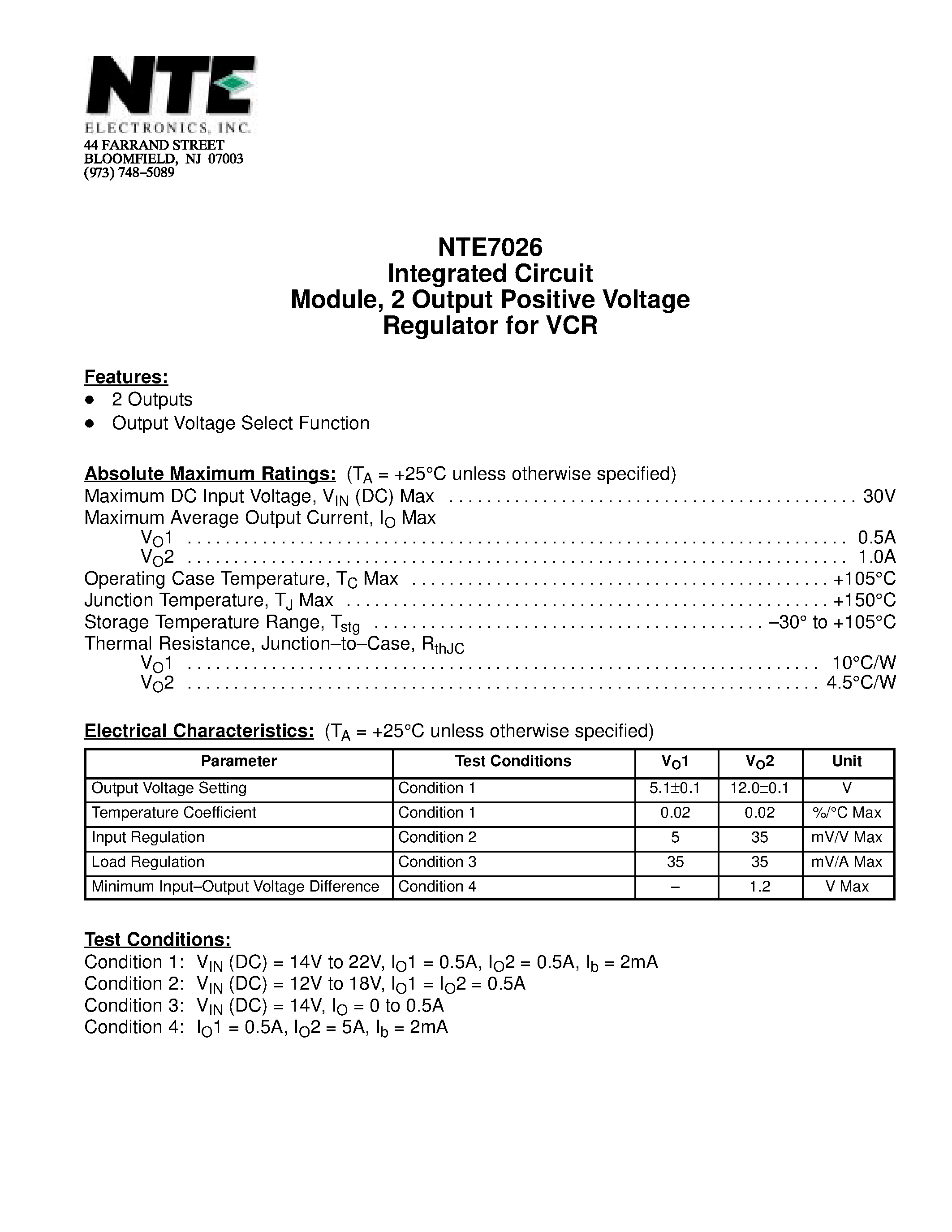 Даташит NTE7026 - Integrated Circuit Module / 2 Output Positive Voltage Regulator for VCR страница 1