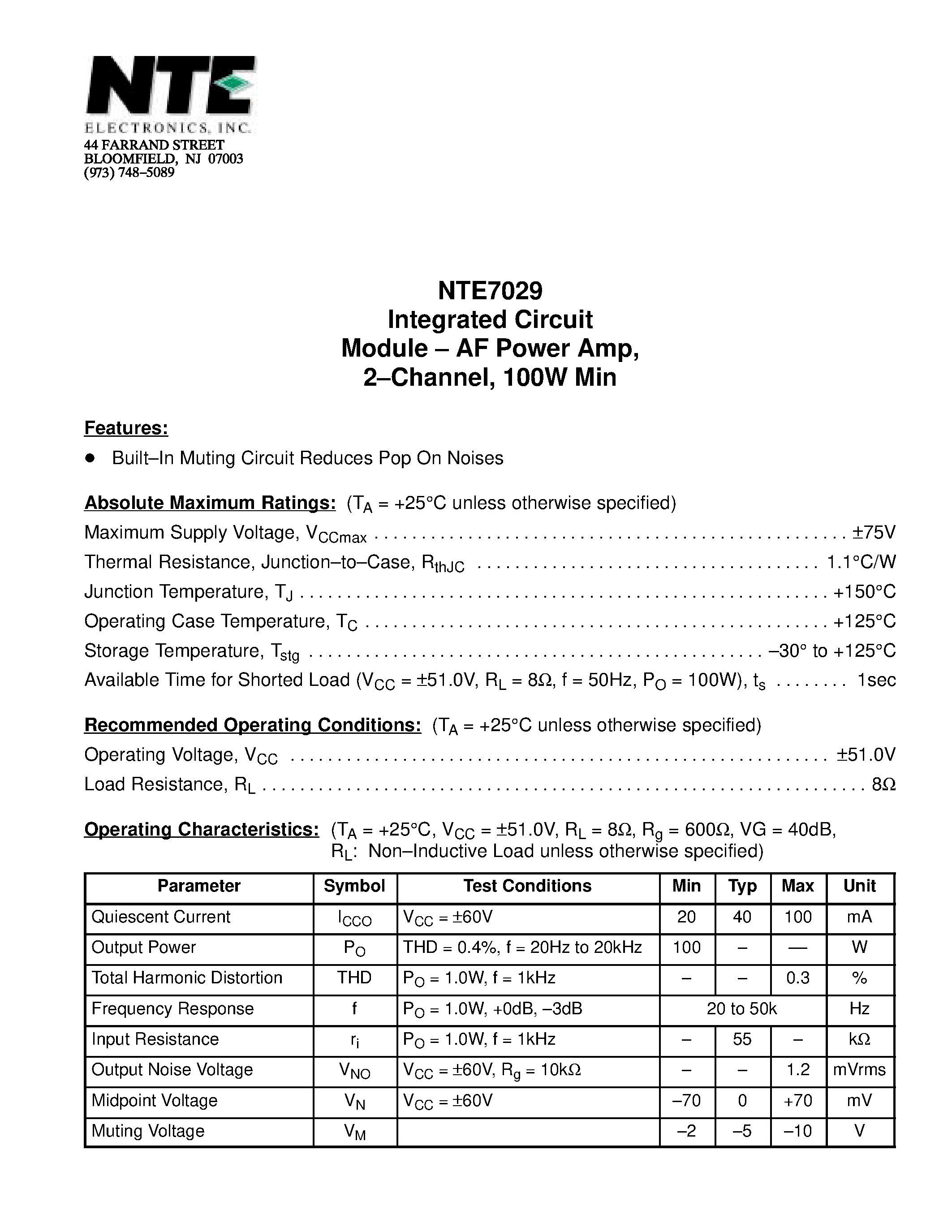 Даташит NTE7029 - Integrated Circuit Module - AF Power Amp / 2-Channel / 100W Min страница 1