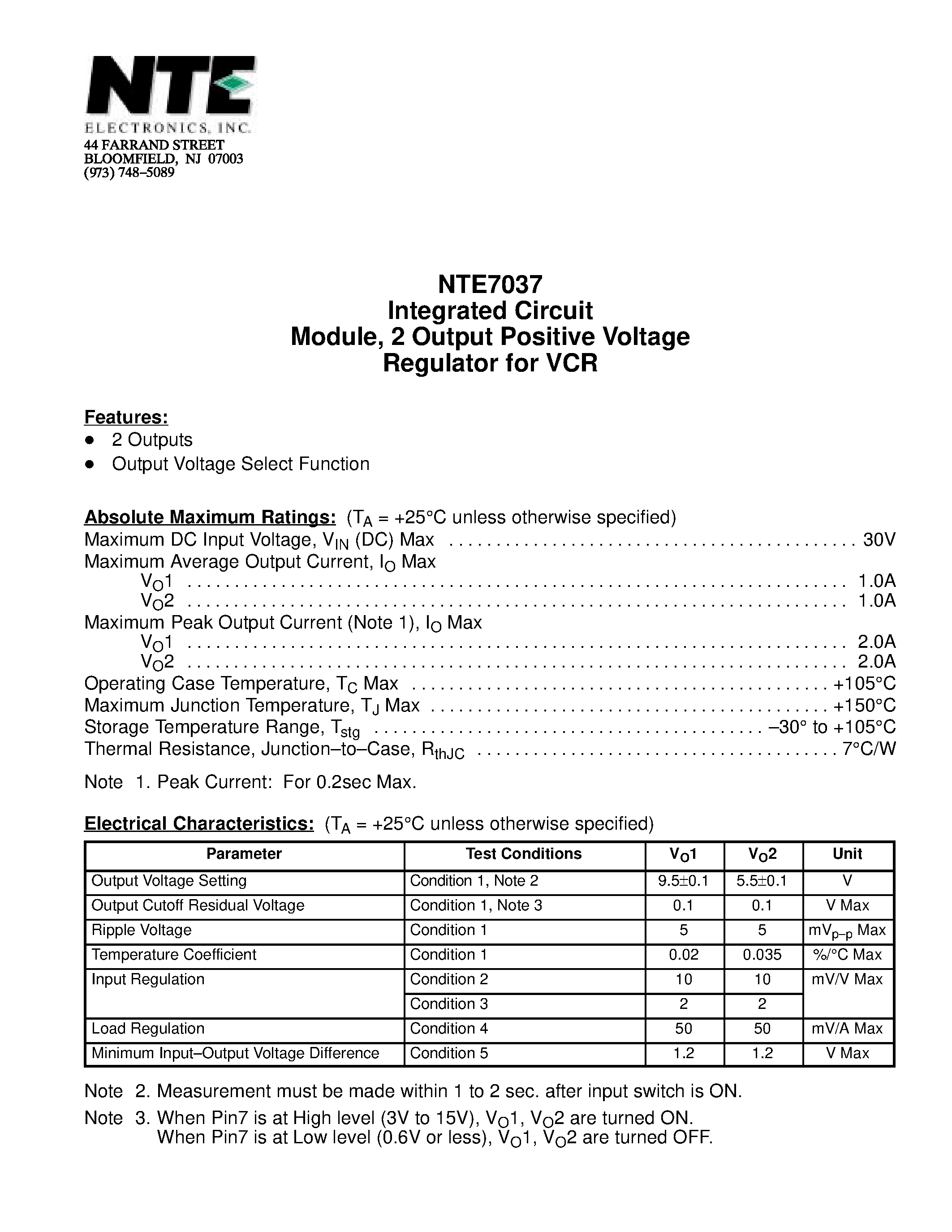 Даташит NTE7037 - Integrated Circuit Module / 2 Output Positive Voltage Regulator for VCR страница 1