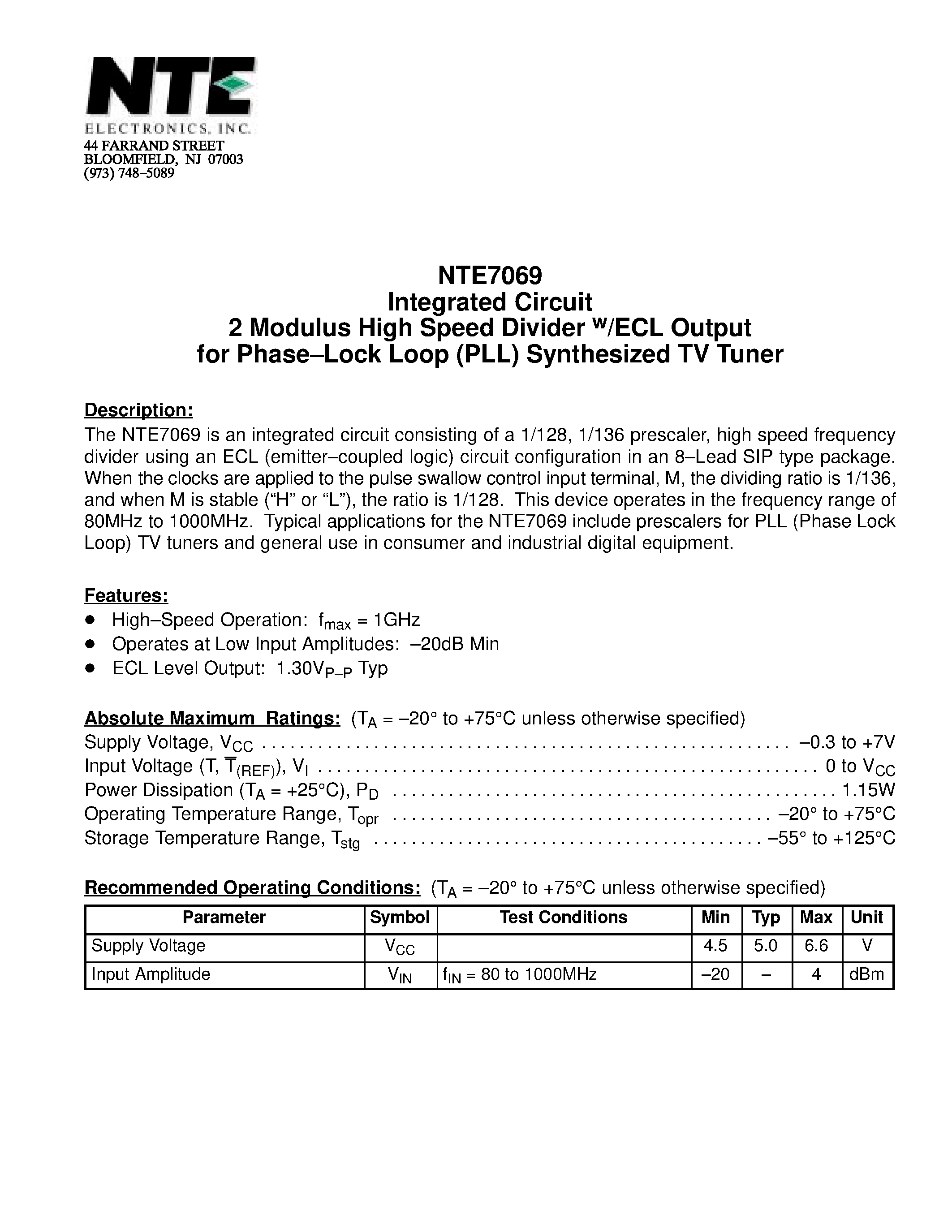 Даташит NTE7069 - Integrated Circuit 2 Modulus High Speed Divider w/ECL Output for Phase-Lock Loop (PLL) Synthesized TV Tuner страница 1