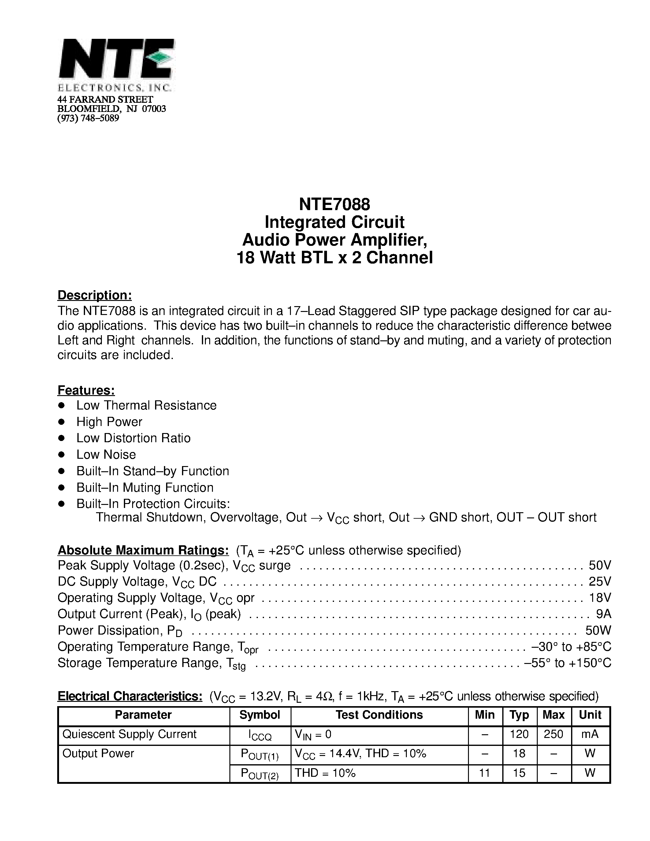 Даташит NTE7088 - Integrated Circuit Audio Power Amplifier / 18 Watt BTL x 2 Channel страница 1