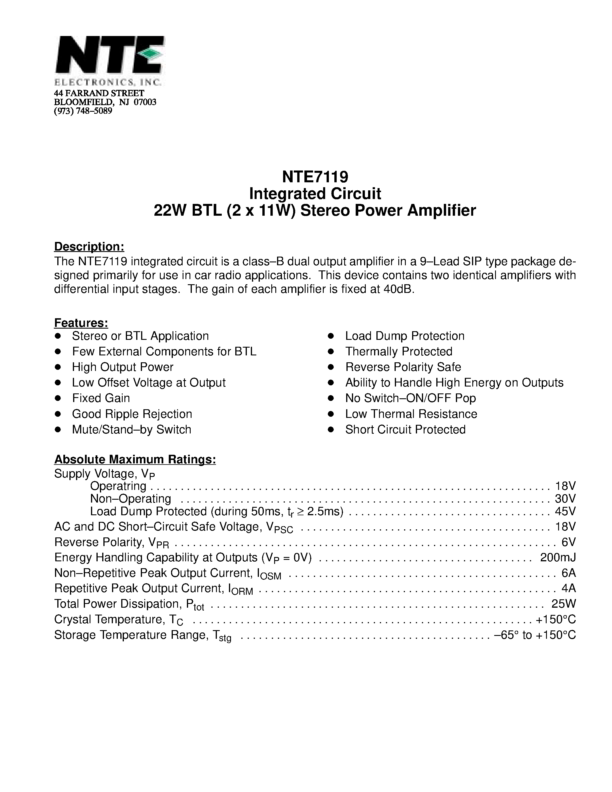 Даташит NTE7119 - Integrated Circuit 22W BTL (2 x 11W) Stereo Power Amplifier страница 1